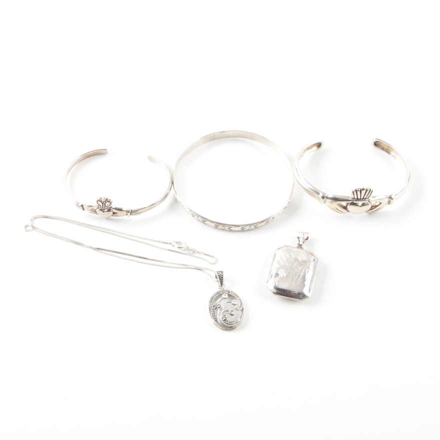 Sterling Silver Jewelry Selection Including Claddagh Cuff Bracelets