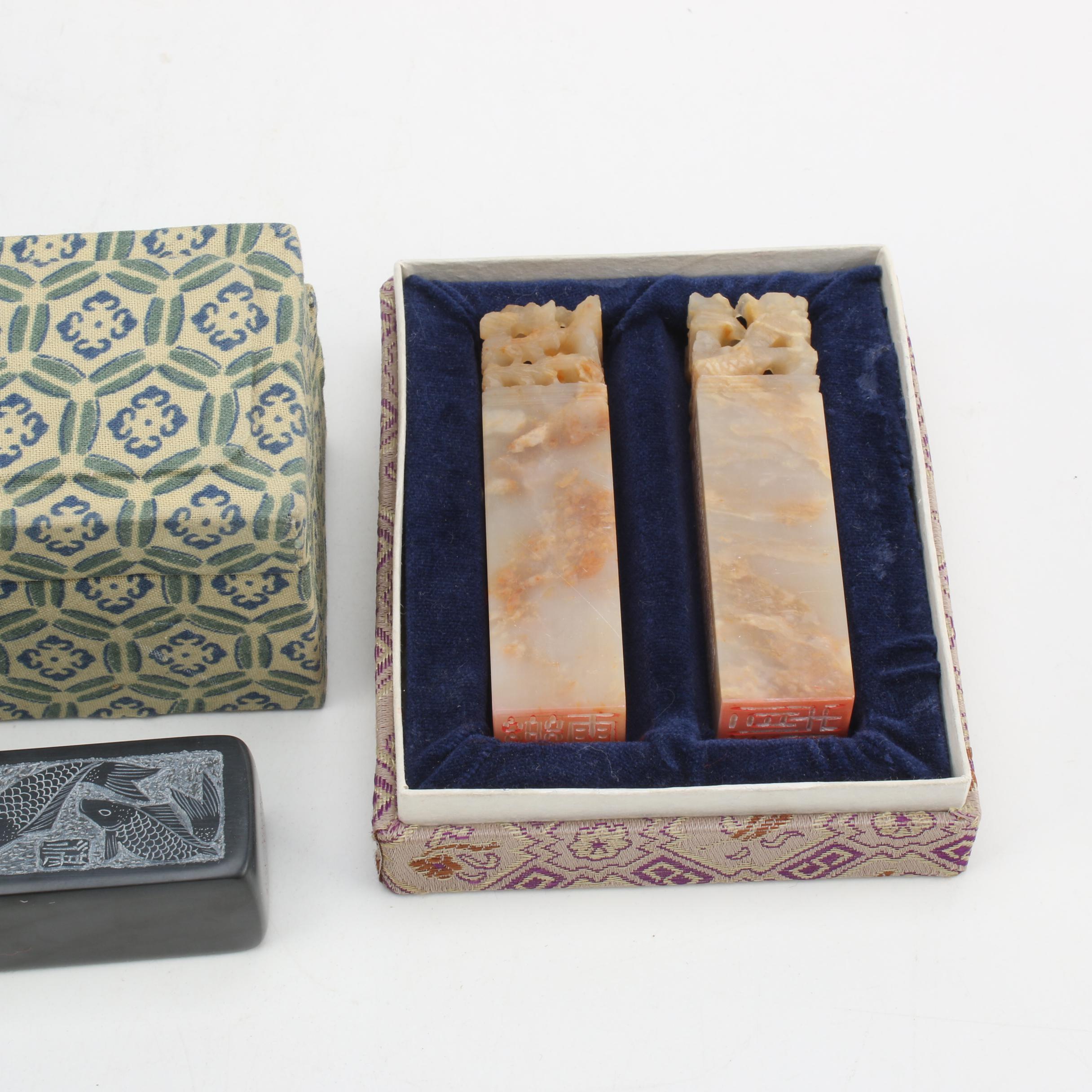 Chinese Carved Soapstone Stamps with Red Paste Ink