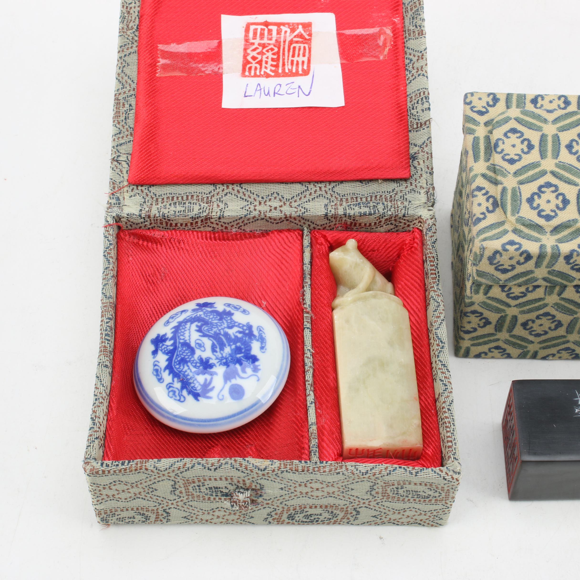 Chinese Carved Soapstone Stamps with Red Paste Ink