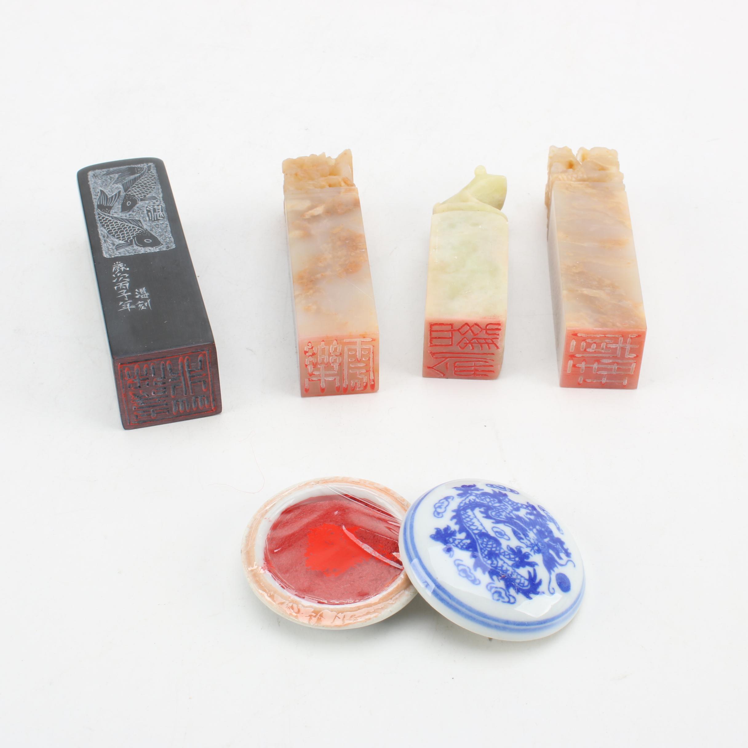Chinese Carved Soapstone Stamps with Red Paste Ink