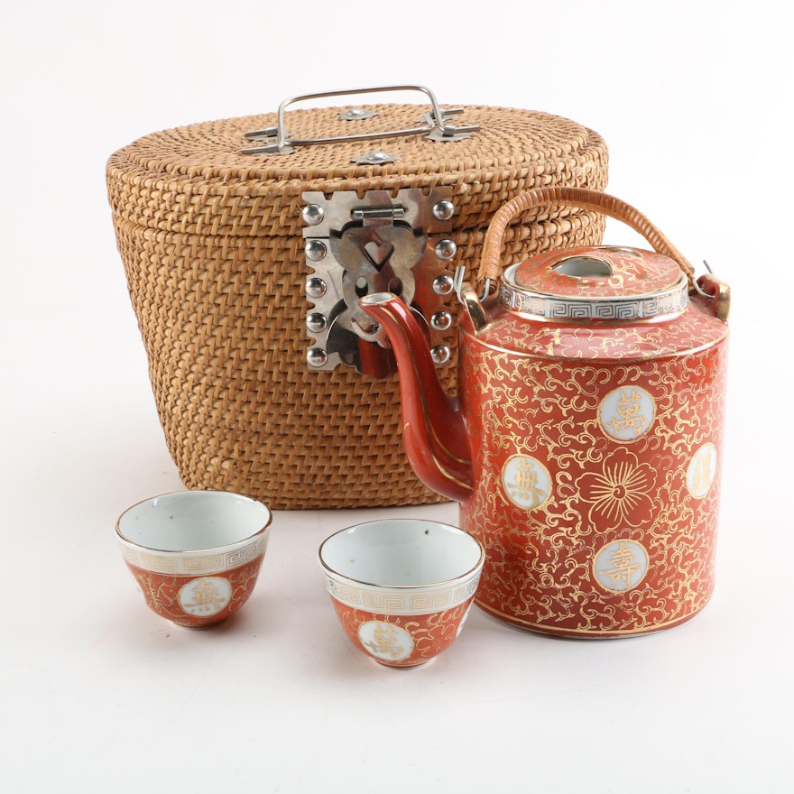 Ceramic Tea Set in Wicker Basket