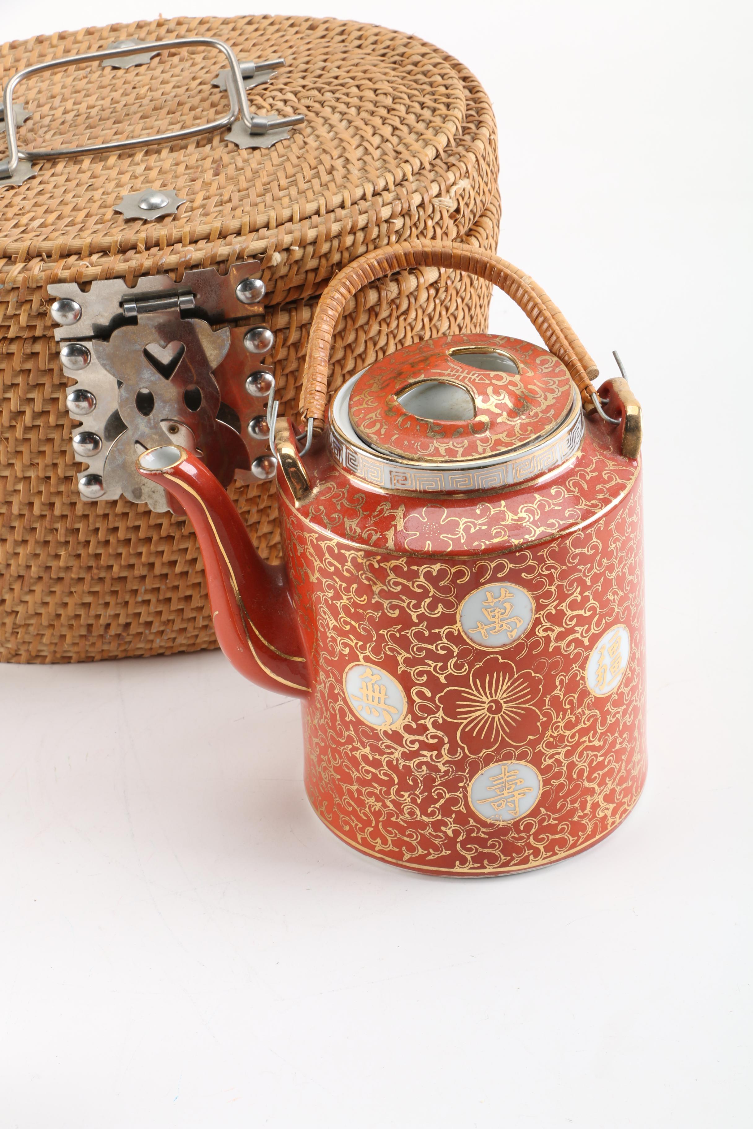Ceramic Tea Set in Wicker Basket