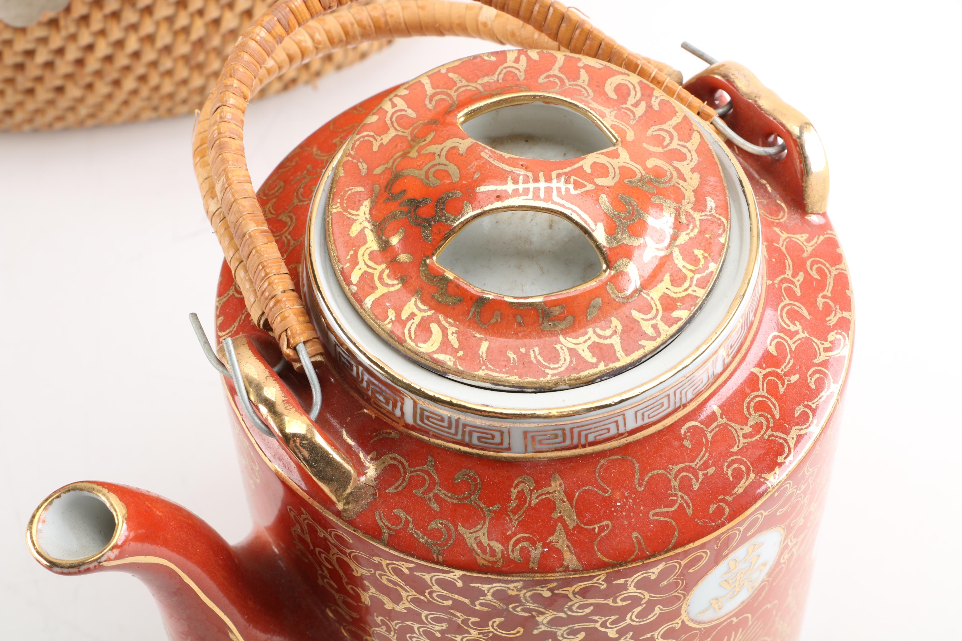 Ceramic Tea Set in Wicker Basket