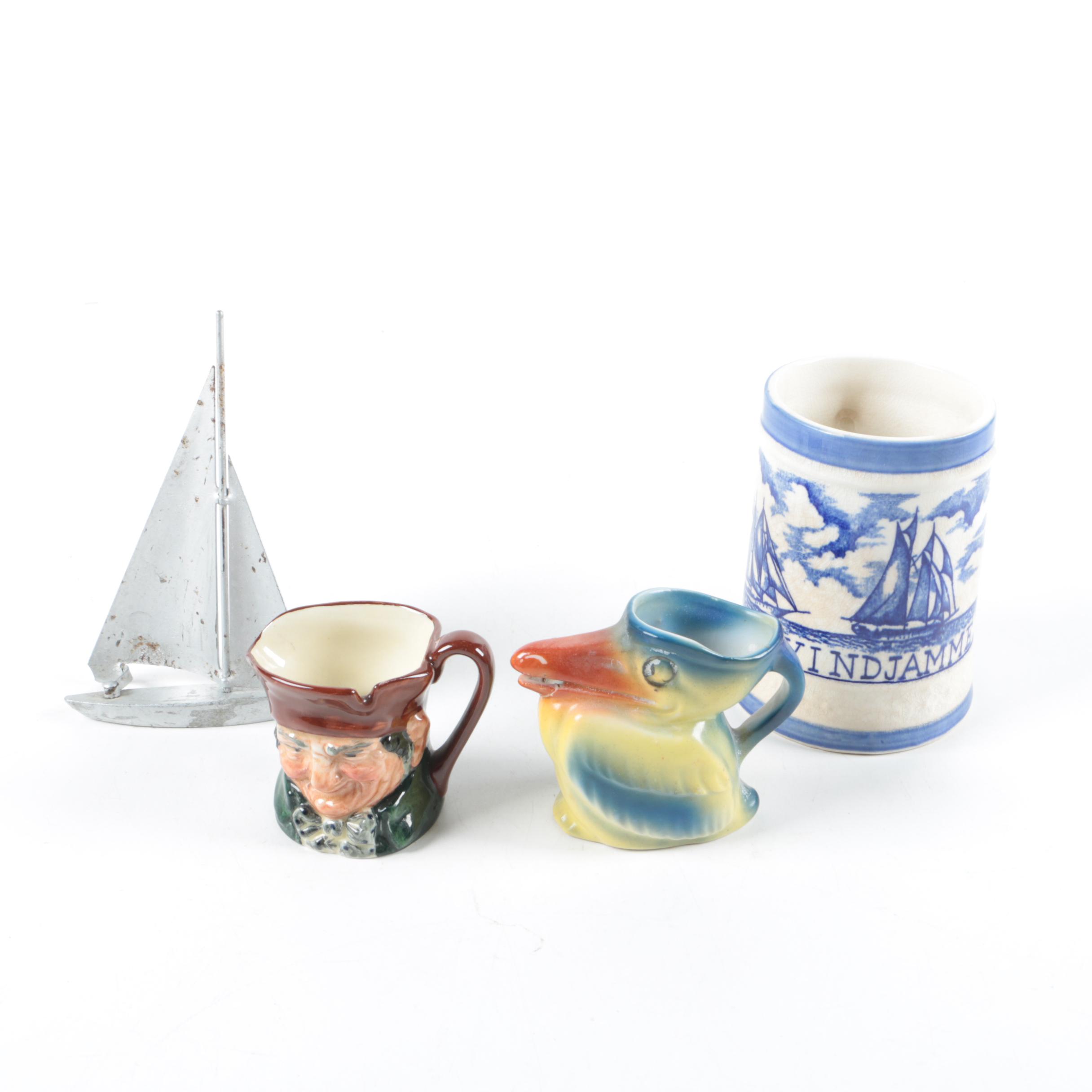 Ceramic Mugs Including Royal Doulton "Old Charley," with Metal Boat
