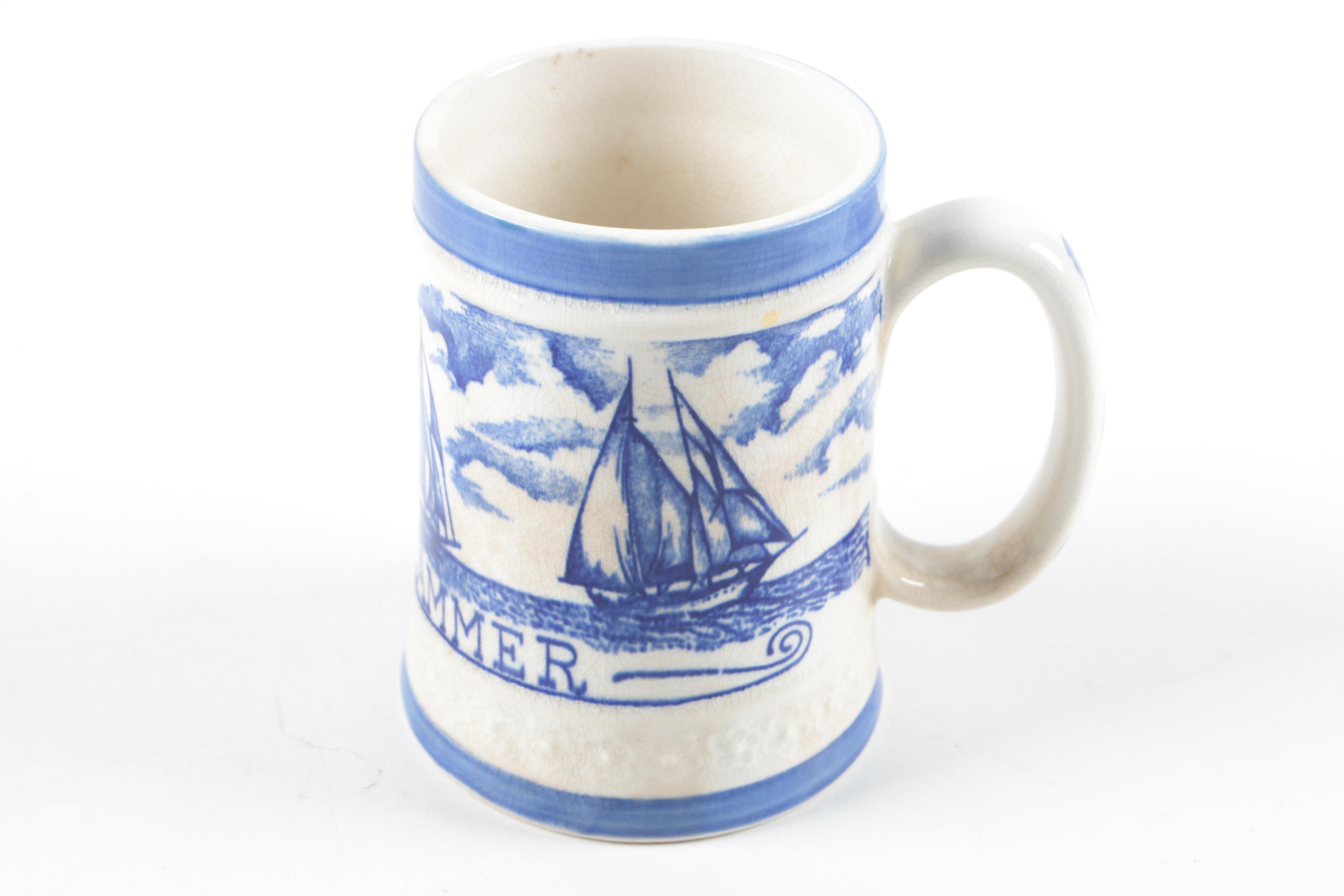 Ceramic Mugs Including Royal Doulton "Old Charley," with Metal Boat