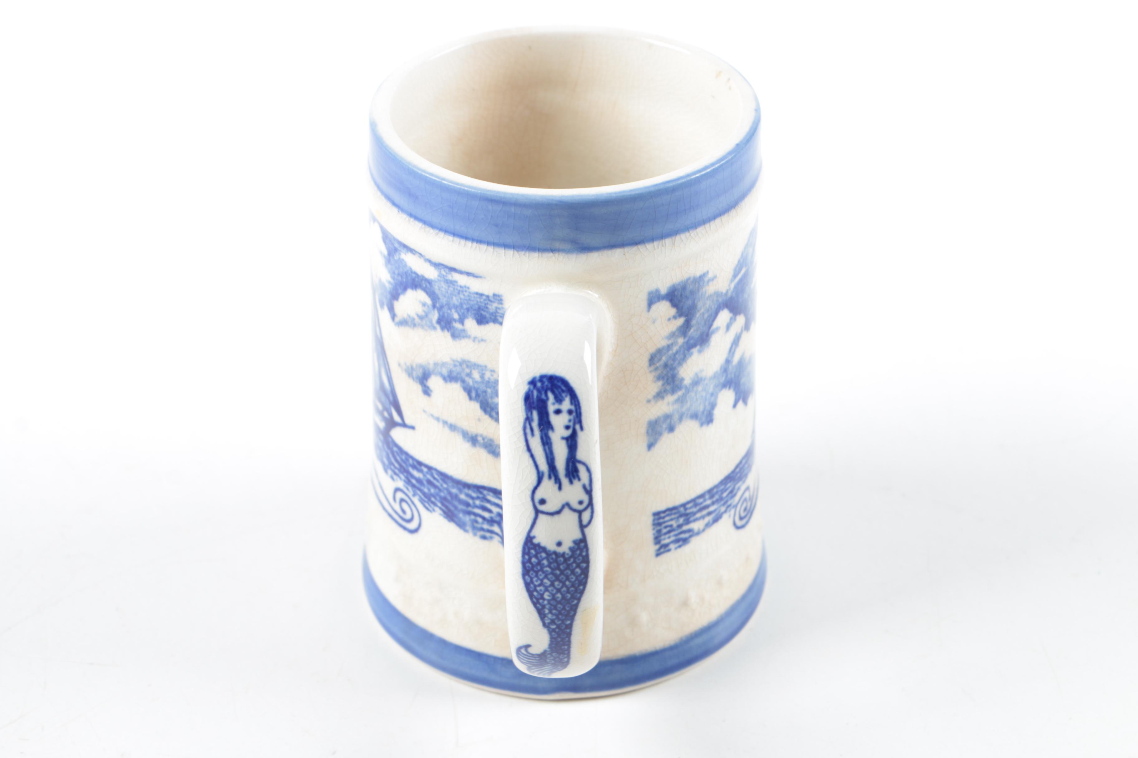 Ceramic Mugs Including Royal Doulton "Old Charley," with Metal Boat