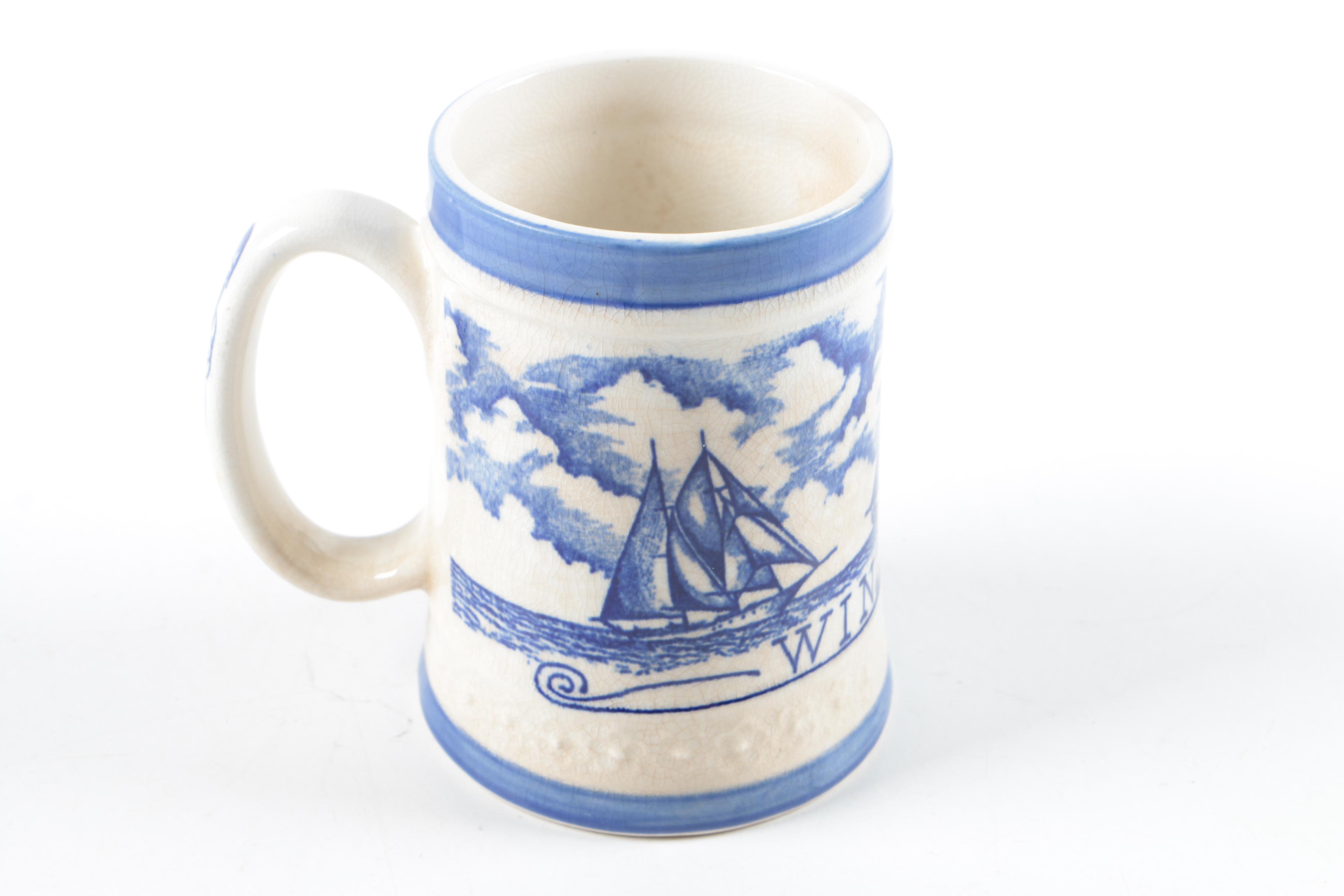Ceramic Mugs Including Royal Doulton "Old Charley," with Metal Boat
