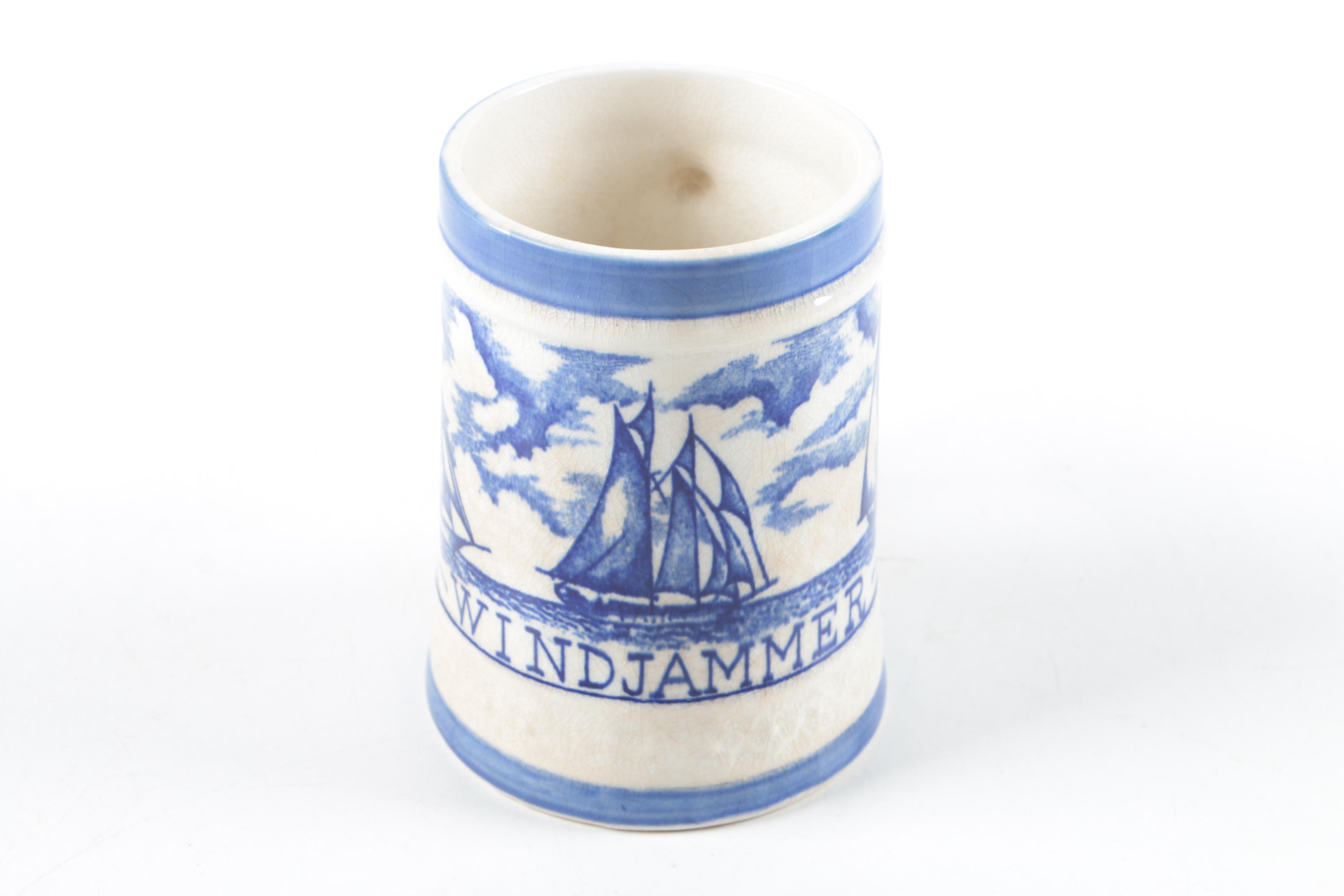 Ceramic Mugs Including Royal Doulton "Old Charley," with Metal Boat