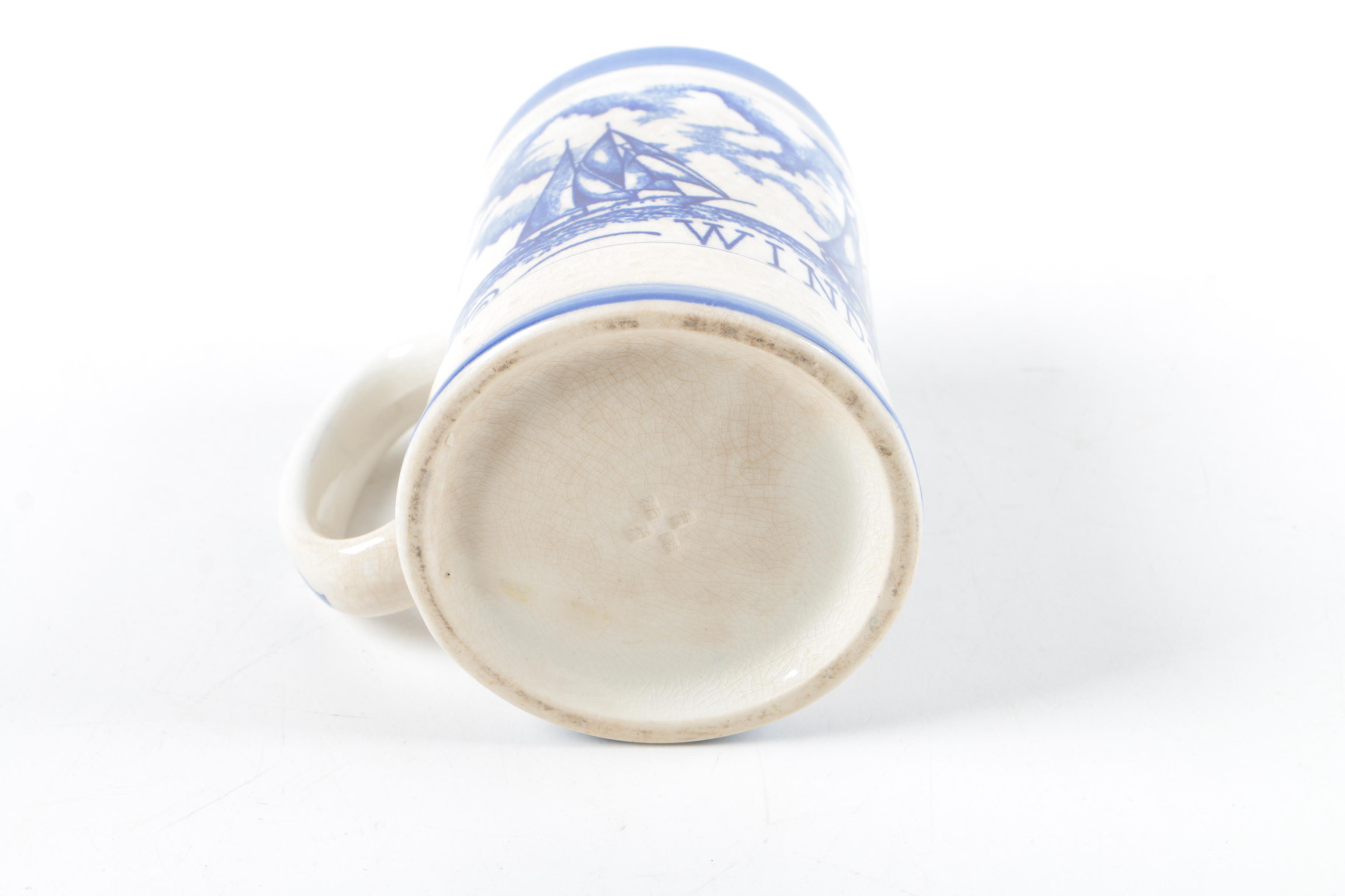 Ceramic Mugs Including Royal Doulton "Old Charley," with Metal Boat