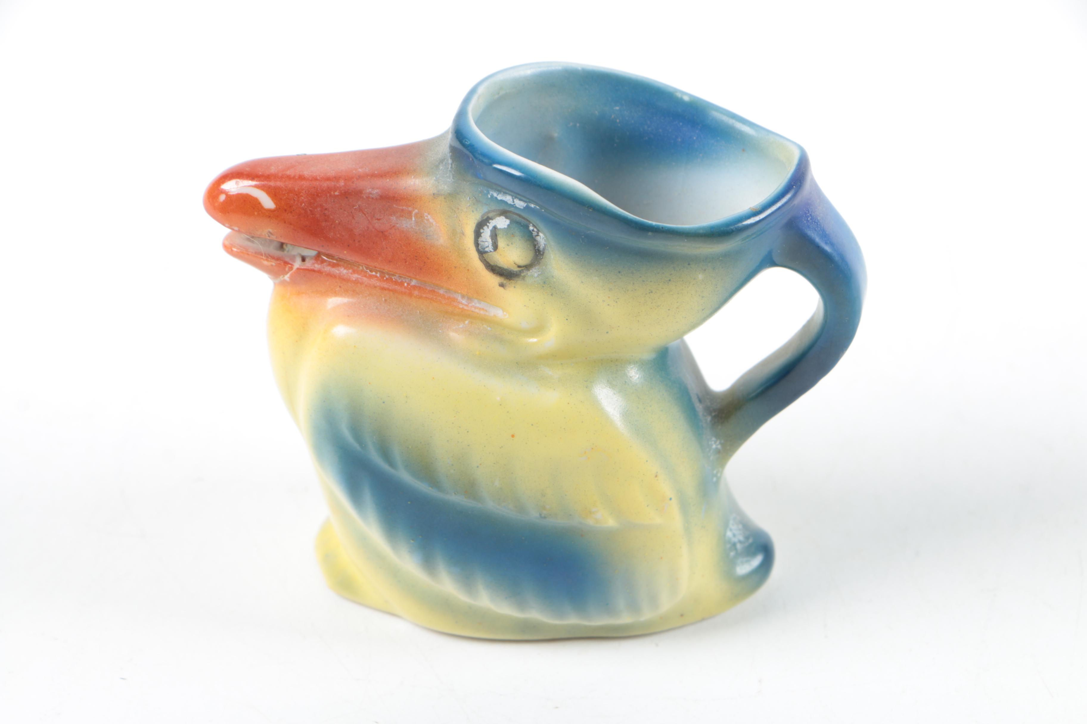 Ceramic Mugs Including Royal Doulton "Old Charley," with Metal Boat