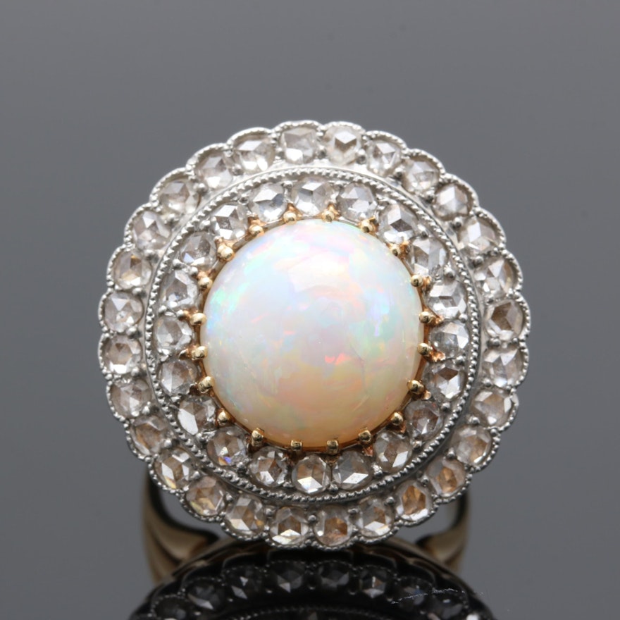 14K Yellow Gold and Platinum Opal and Diamond Ring