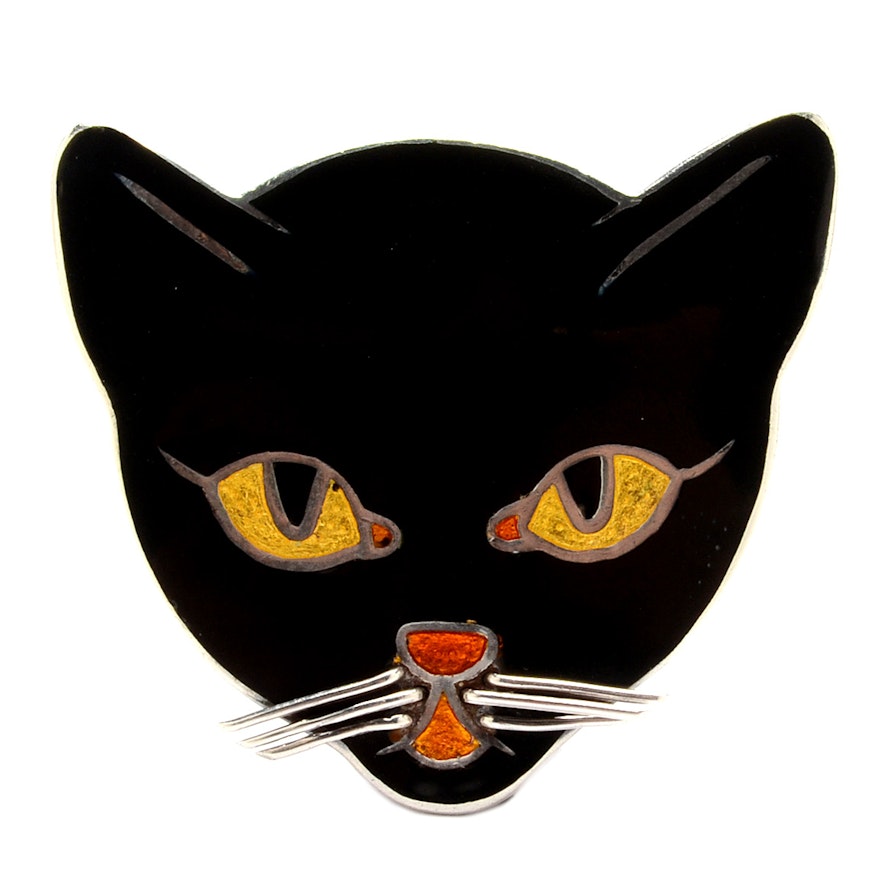 Margot de Taxco Sterling Silver Enamel Cat Brooch