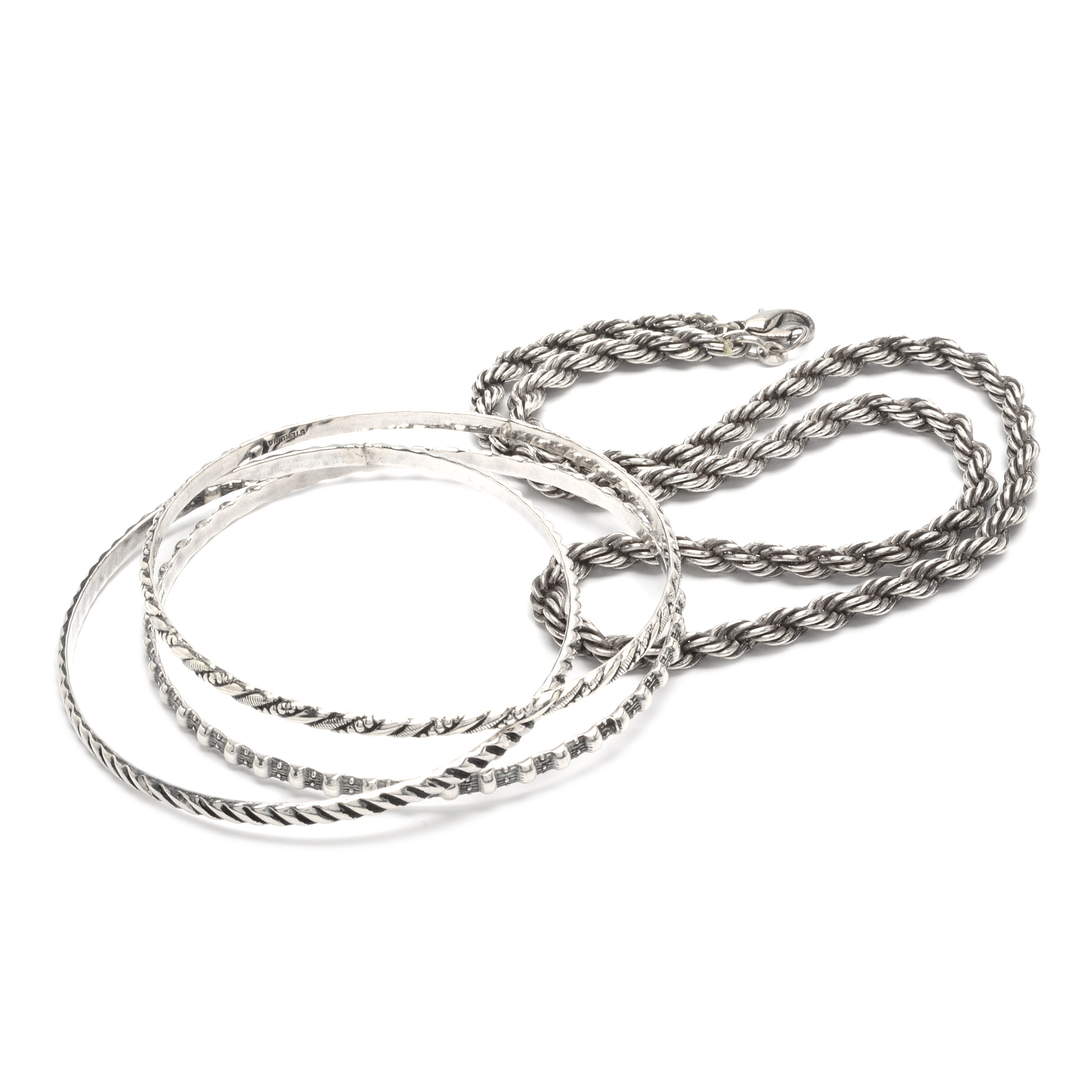 Sterling Silver Bangle Bracelets and Rope Chain Necklace