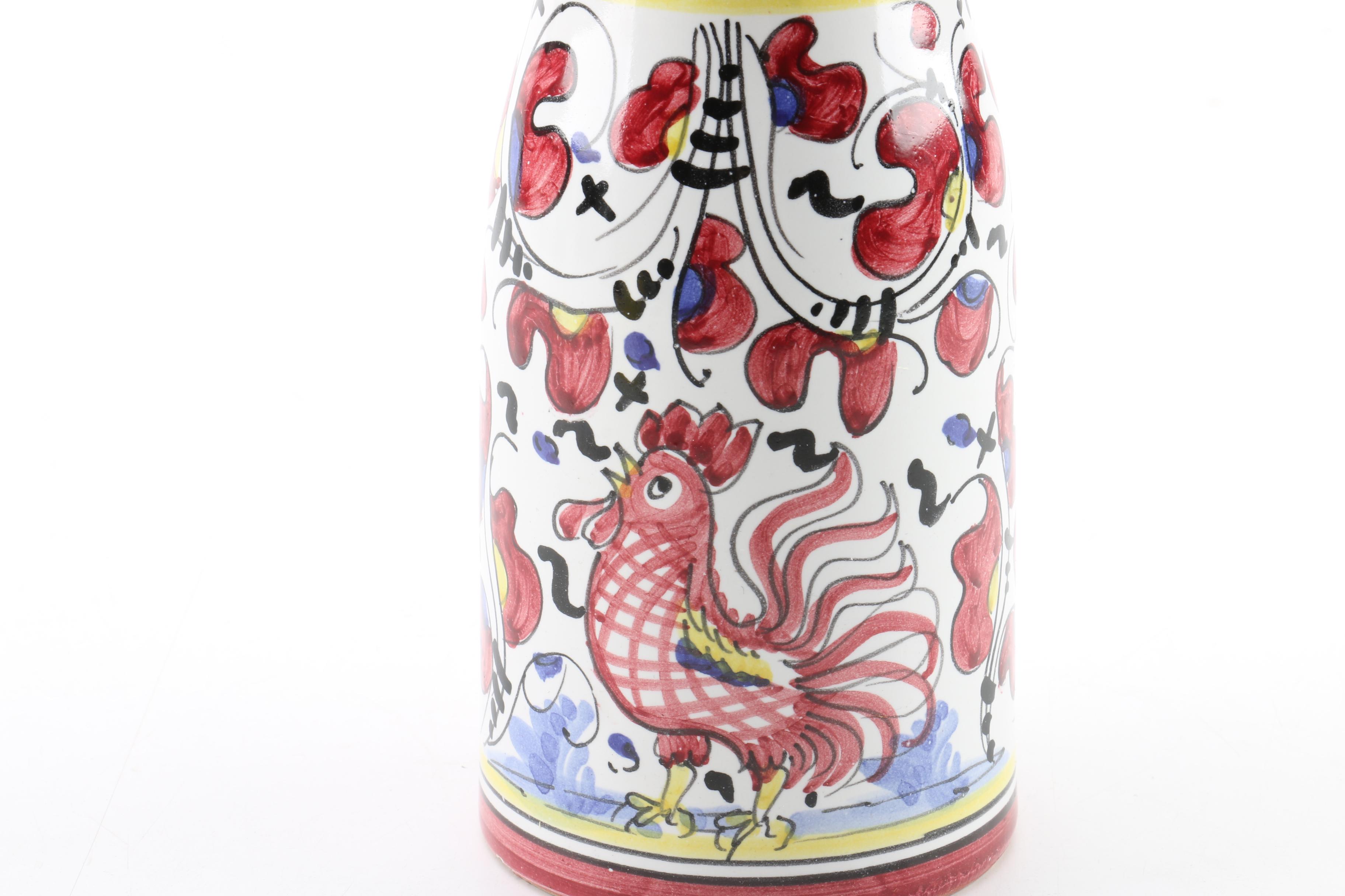 Italian Cama Deruta "Red Rooster" Pottery Carafe