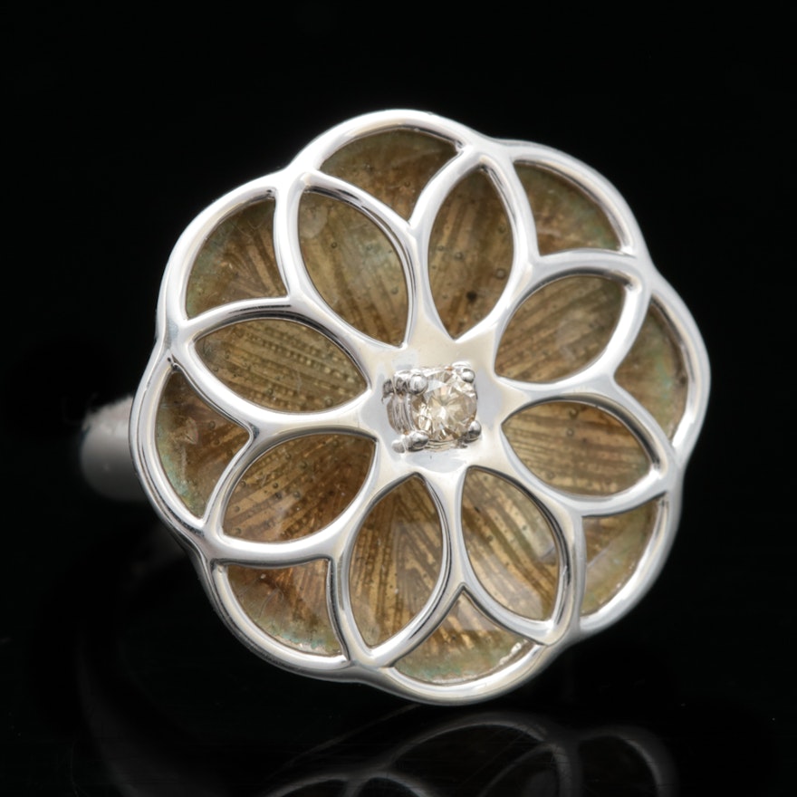 Sterling Silver, Brown Diamond and Enamel Flower Ring