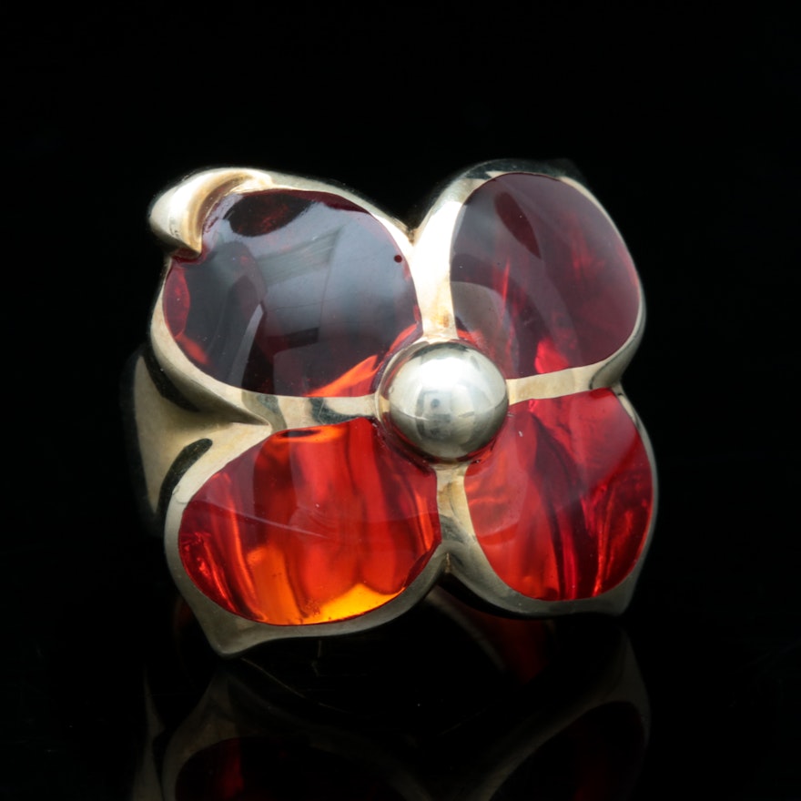 Andrew Hamilton Crawford Gold Wash on Sterling Silver and Red Resin Ring