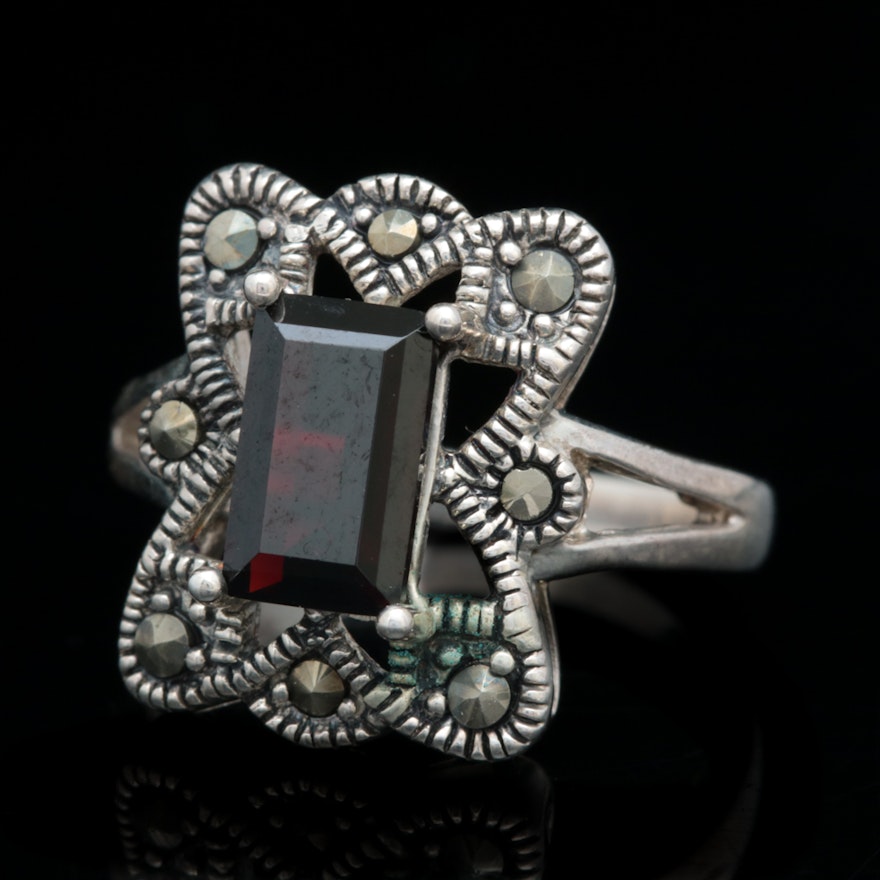 Sterling Silver, Garnet and Marcasite Ring