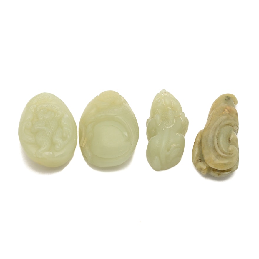 Carved Chinese Jadeite and Bowenite Pendants