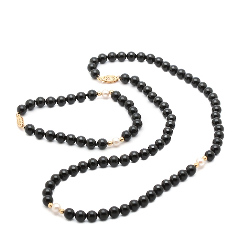 Black Onyx and Cultured Pearl Necklace and Bracelet