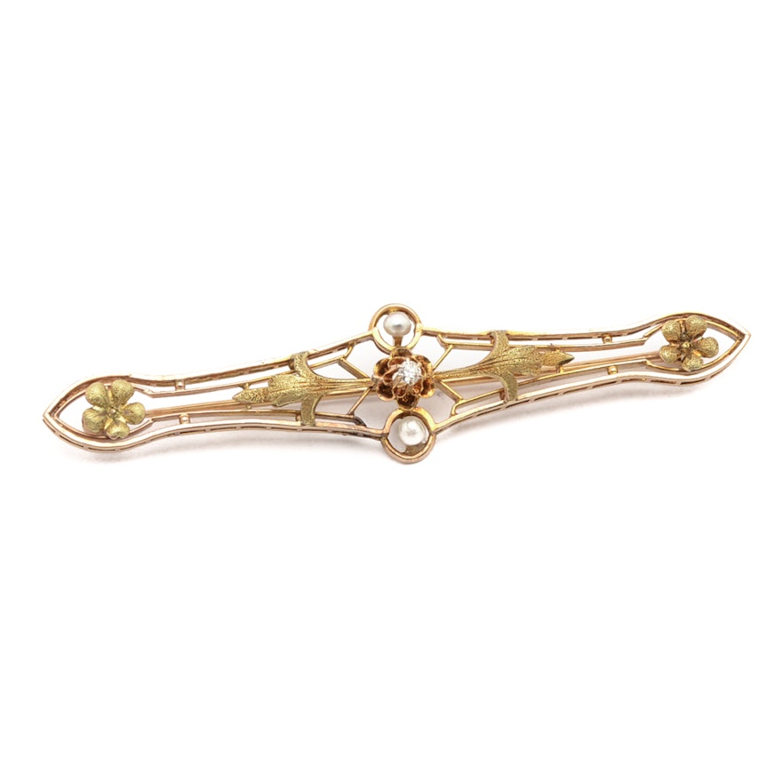Vintage Two-Tone 10K Gold Diamond and Pearl Brooch