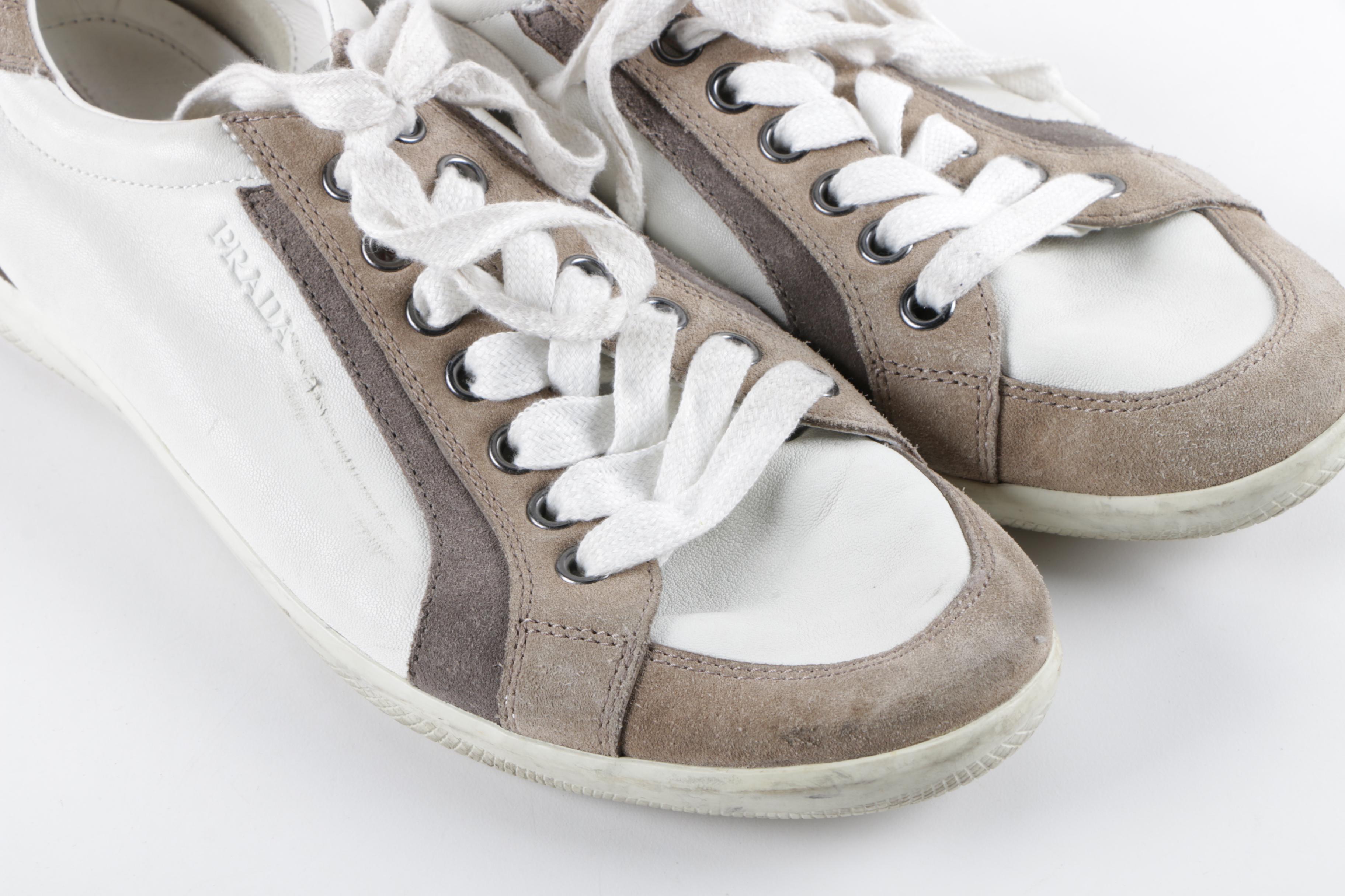 Men's Prada White Leather Sneakers with Grey Suede Trim