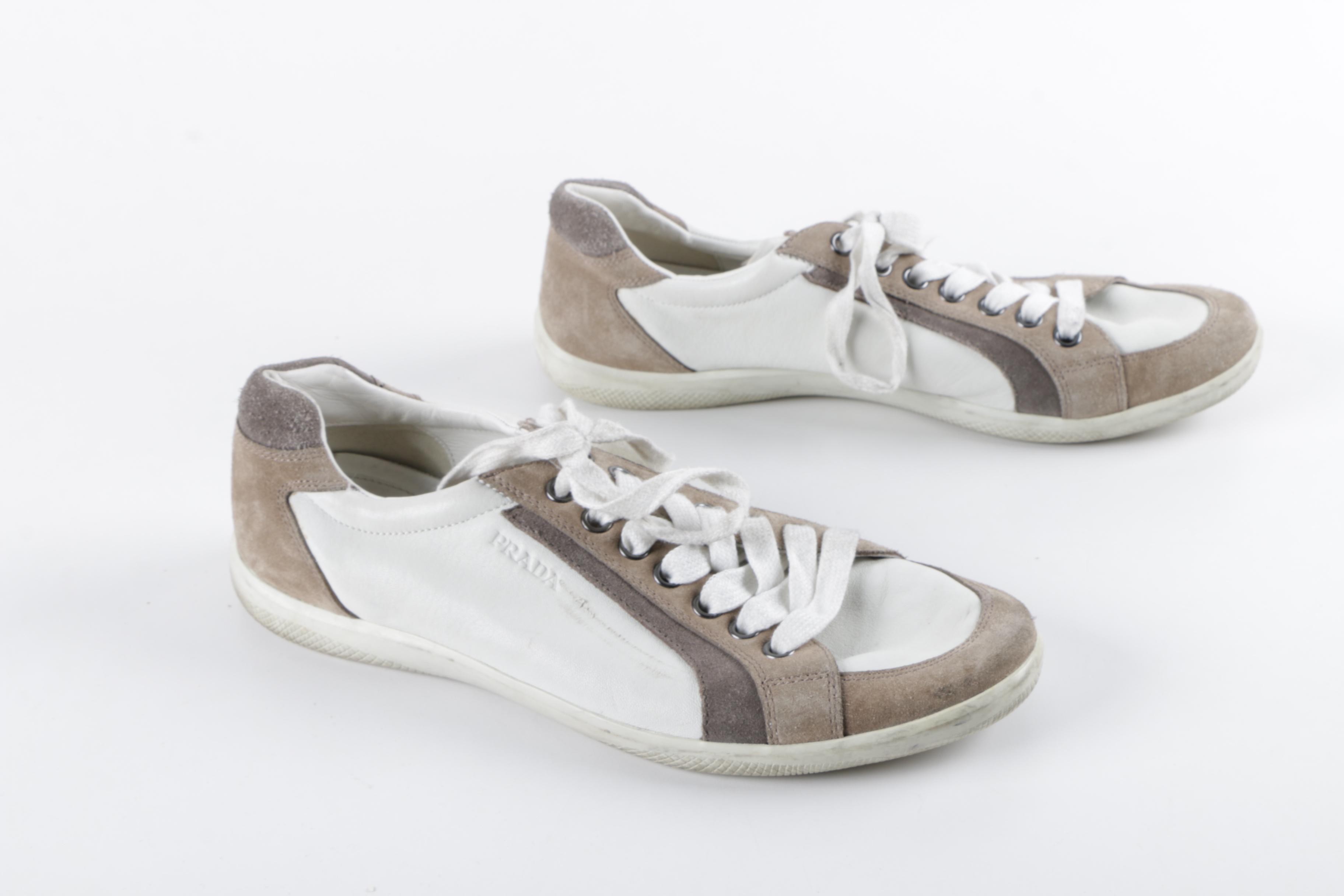 Men's Prada White Leather Sneakers with Grey Suede Trim