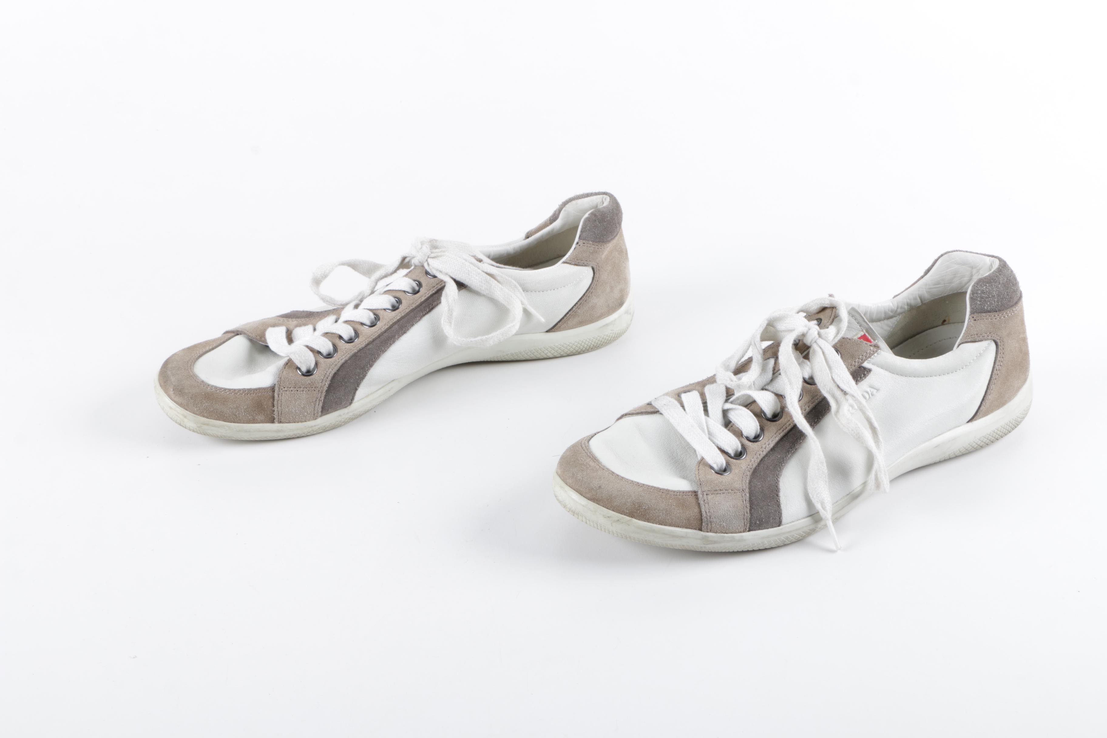 Men's Prada White Leather Sneakers with Grey Suede Trim