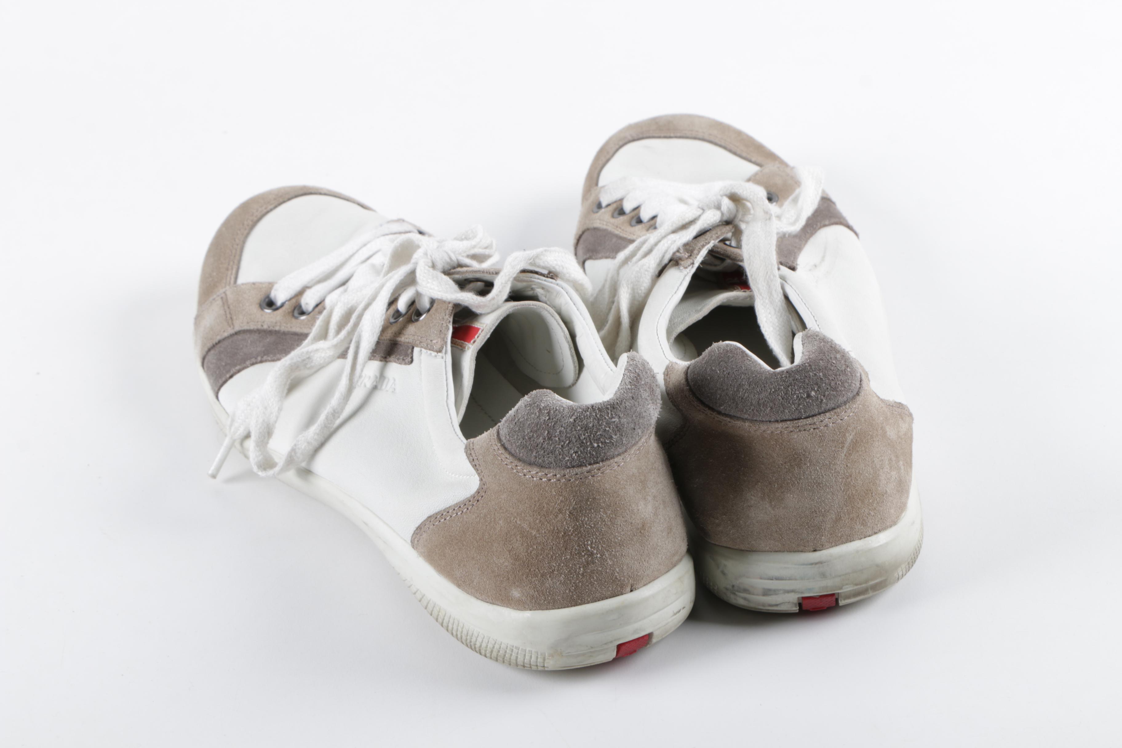 Men's Prada White Leather Sneakers with Grey Suede Trim