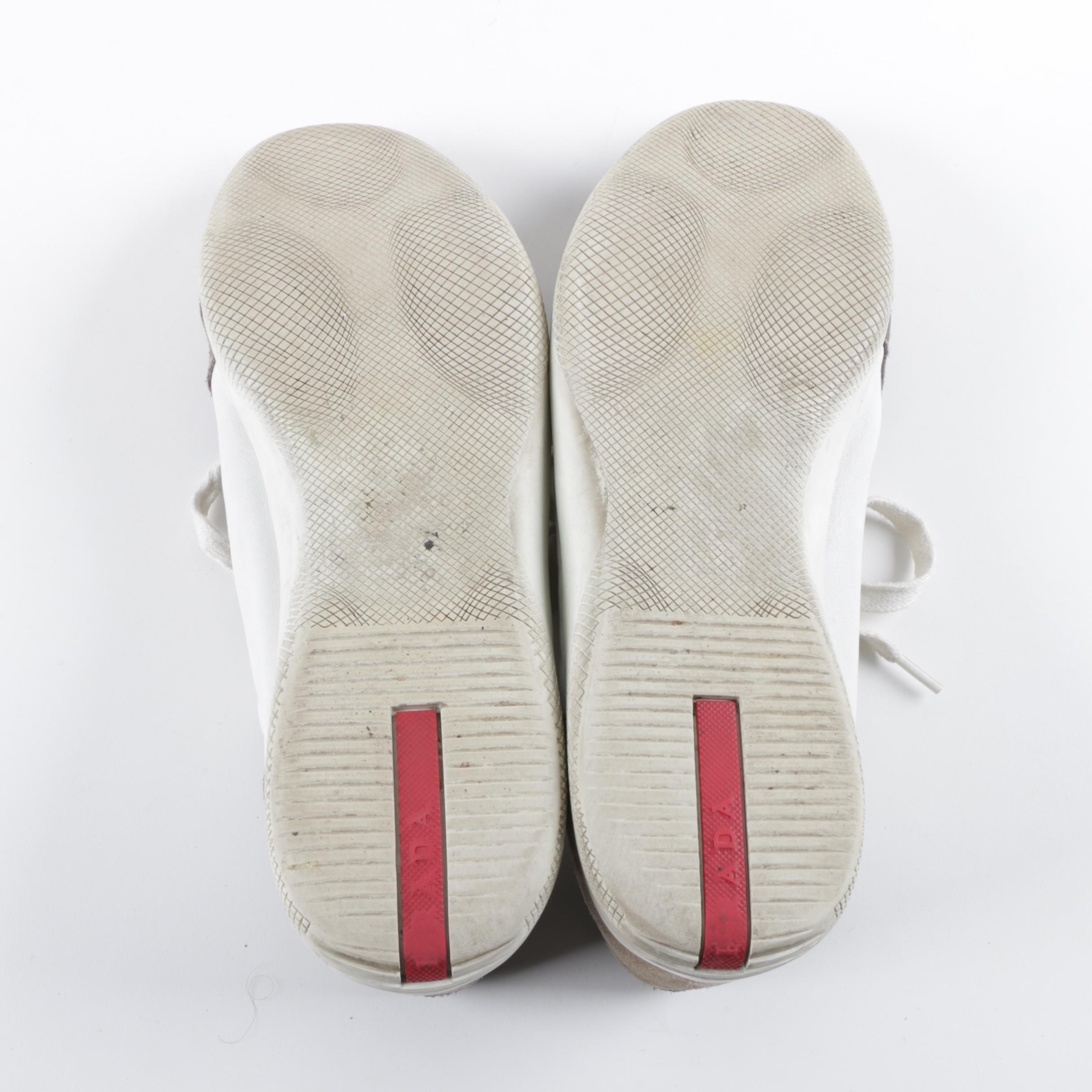 Men's Prada White Leather Sneakers with Grey Suede Trim