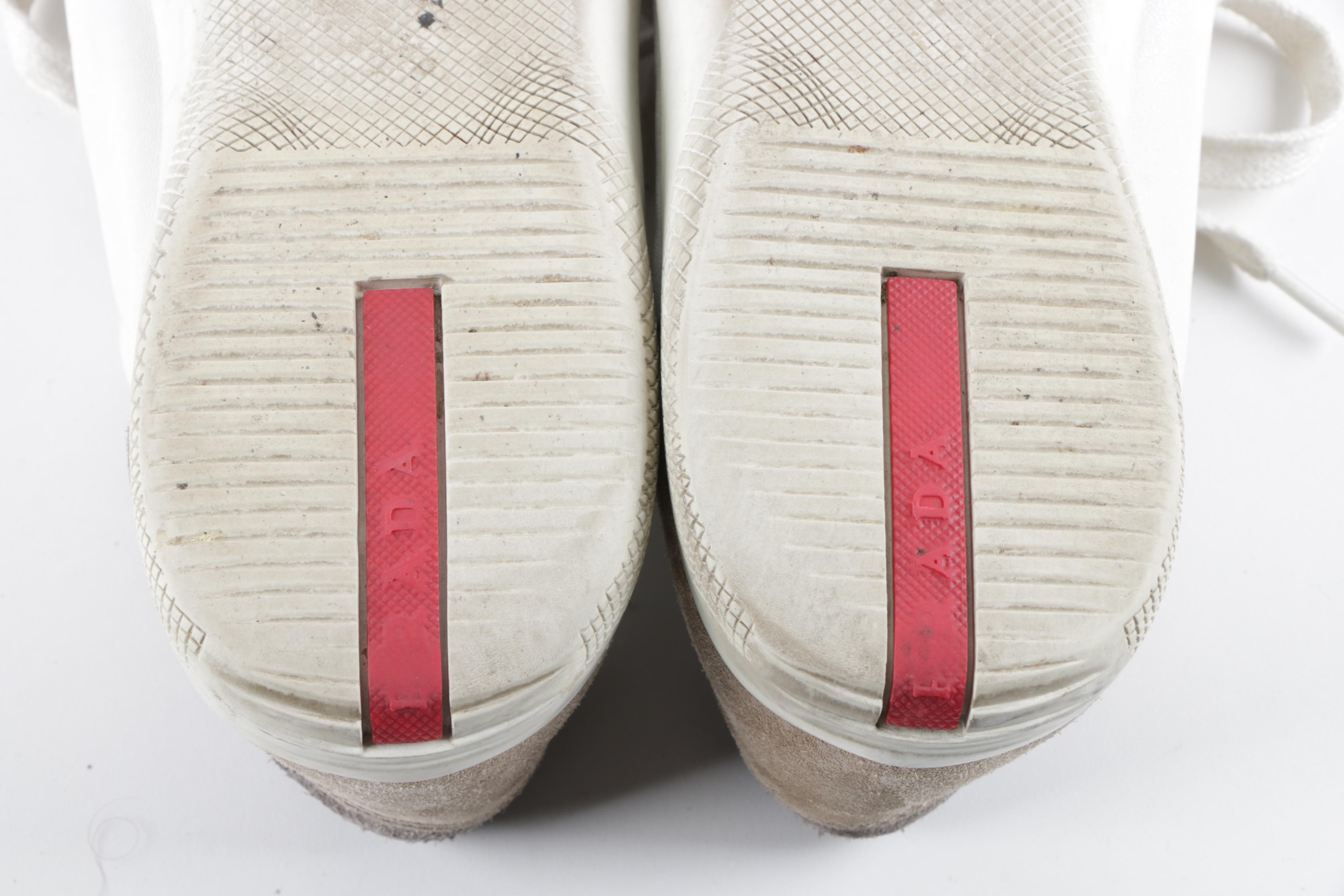 Men's Prada White Leather Sneakers with Grey Suede Trim