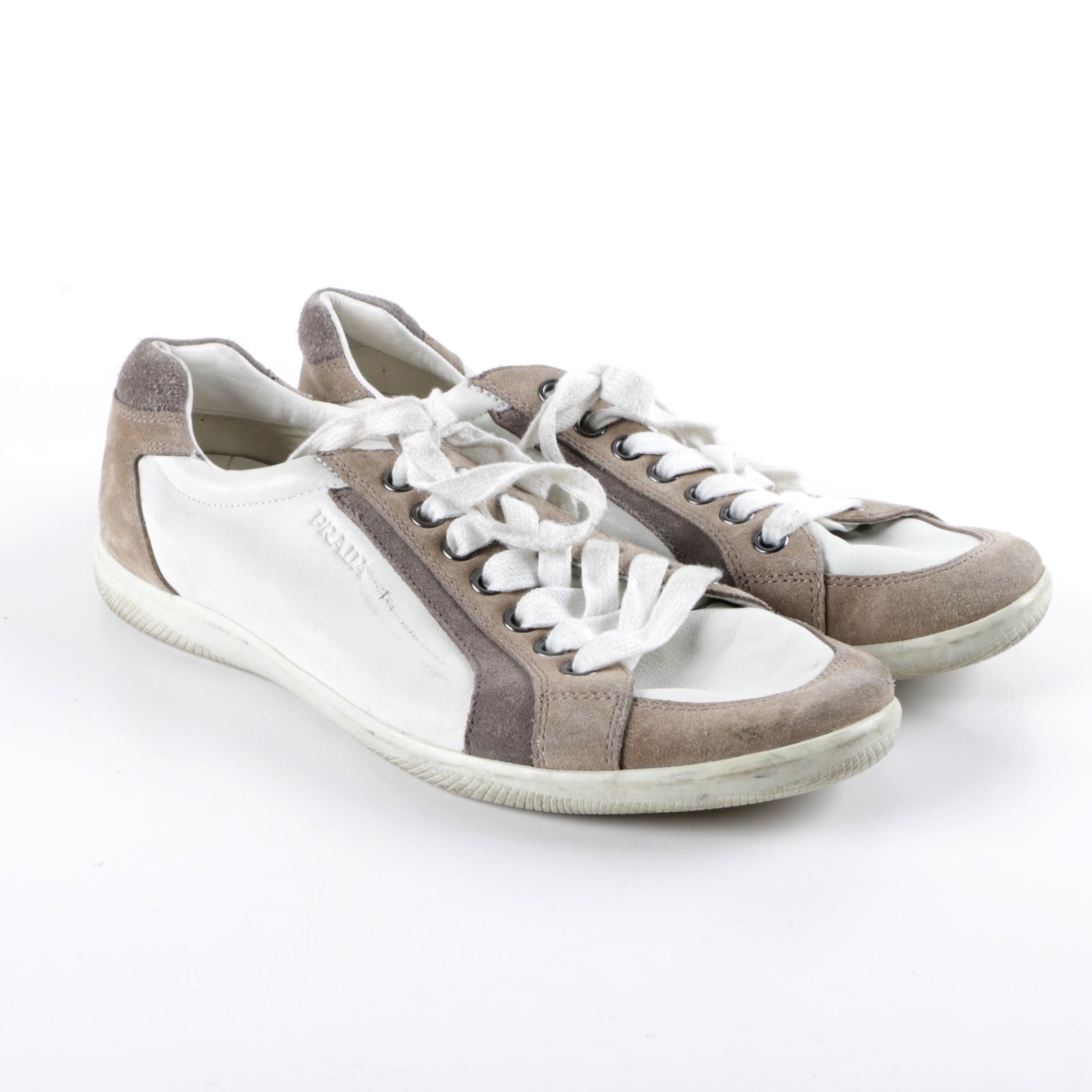 Men's Prada White Leather Sneakers with Grey Suede Trim