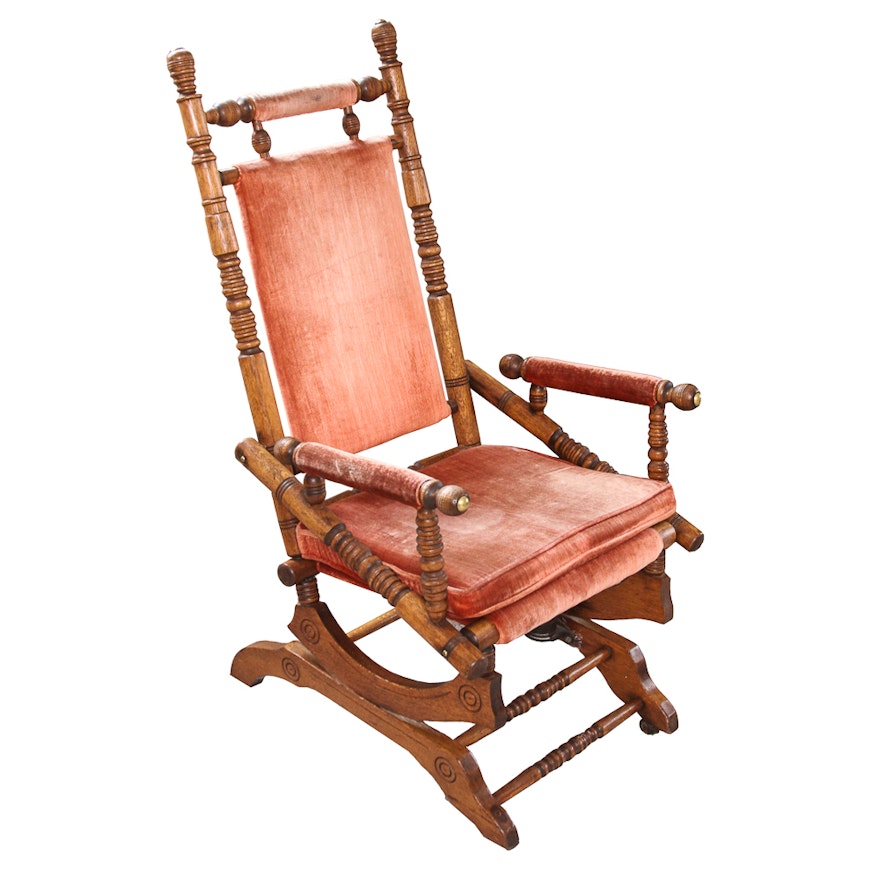 Antique Victorian Eastlake Upholstered Oak Platform Rocking Chair