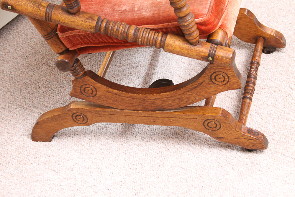 Antique Victorian Eastlake Upholstered Oak Platform Rocking Chair