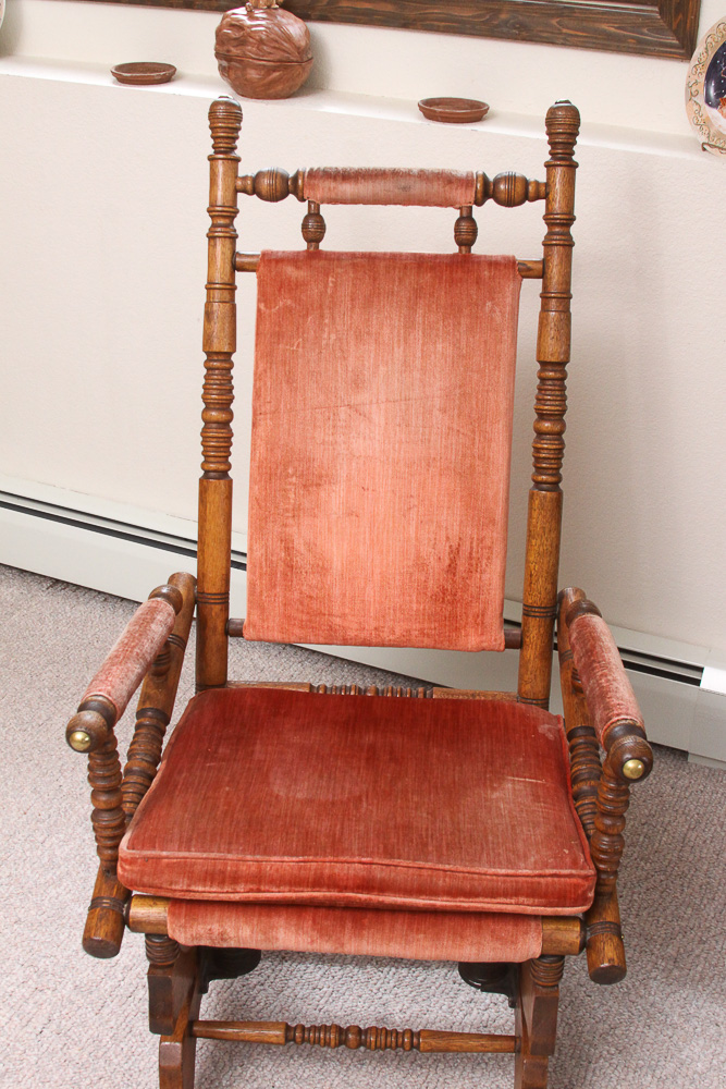 Antique Victorian Eastlake Upholstered Oak Platform Rocking Chair