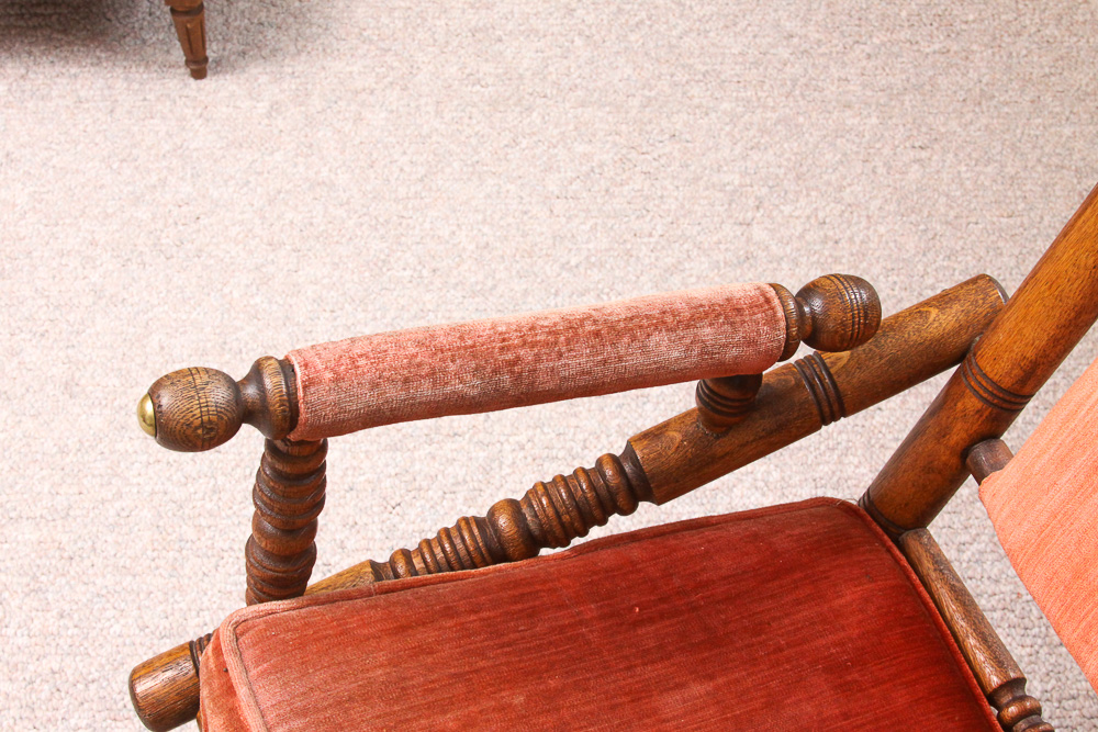 Antique Victorian Eastlake Upholstered Oak Platform Rocking Chair