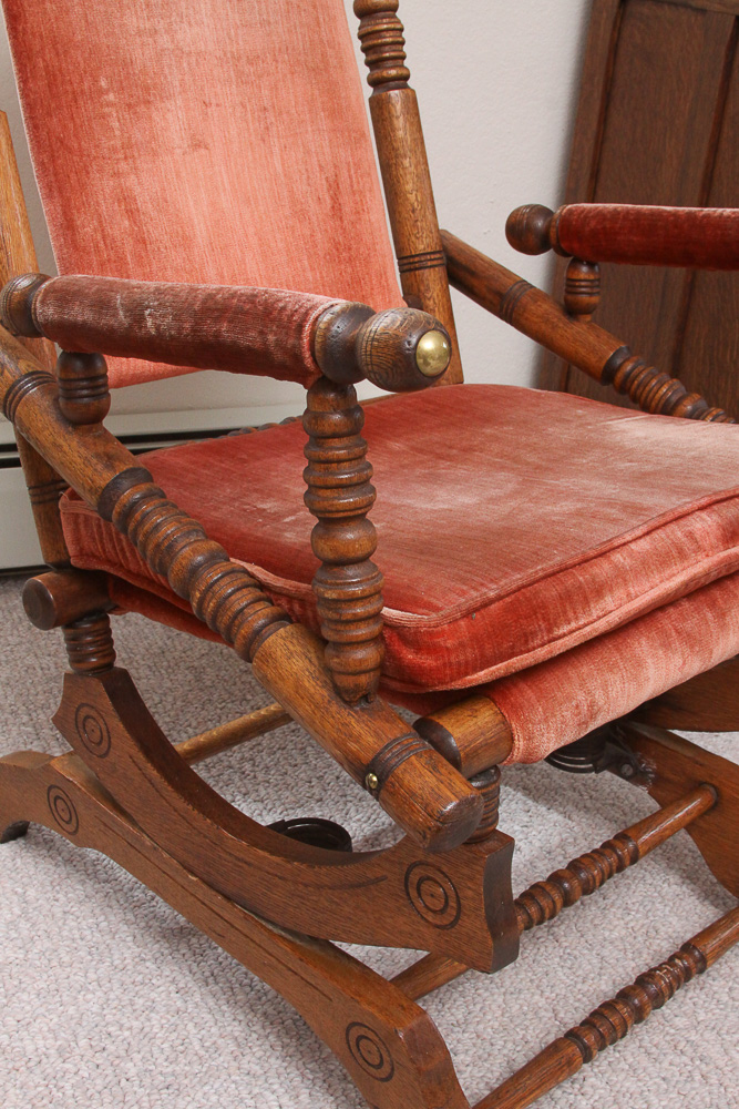 Antique Victorian Eastlake Upholstered Oak Platform Rocking Chair
