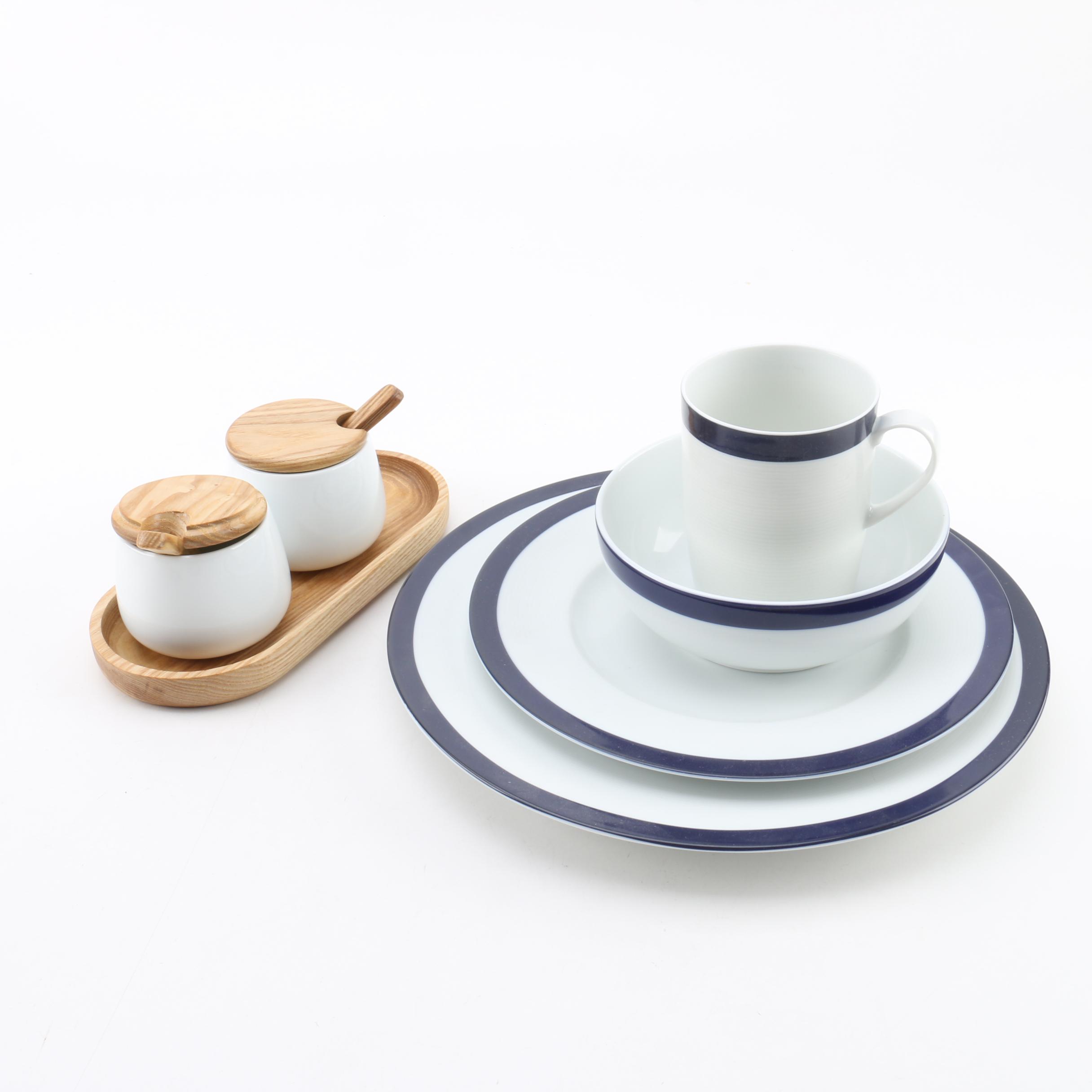 Crate & Barrel "Archive Blue" Place Setting and Wood Accented Sauce Serving Set