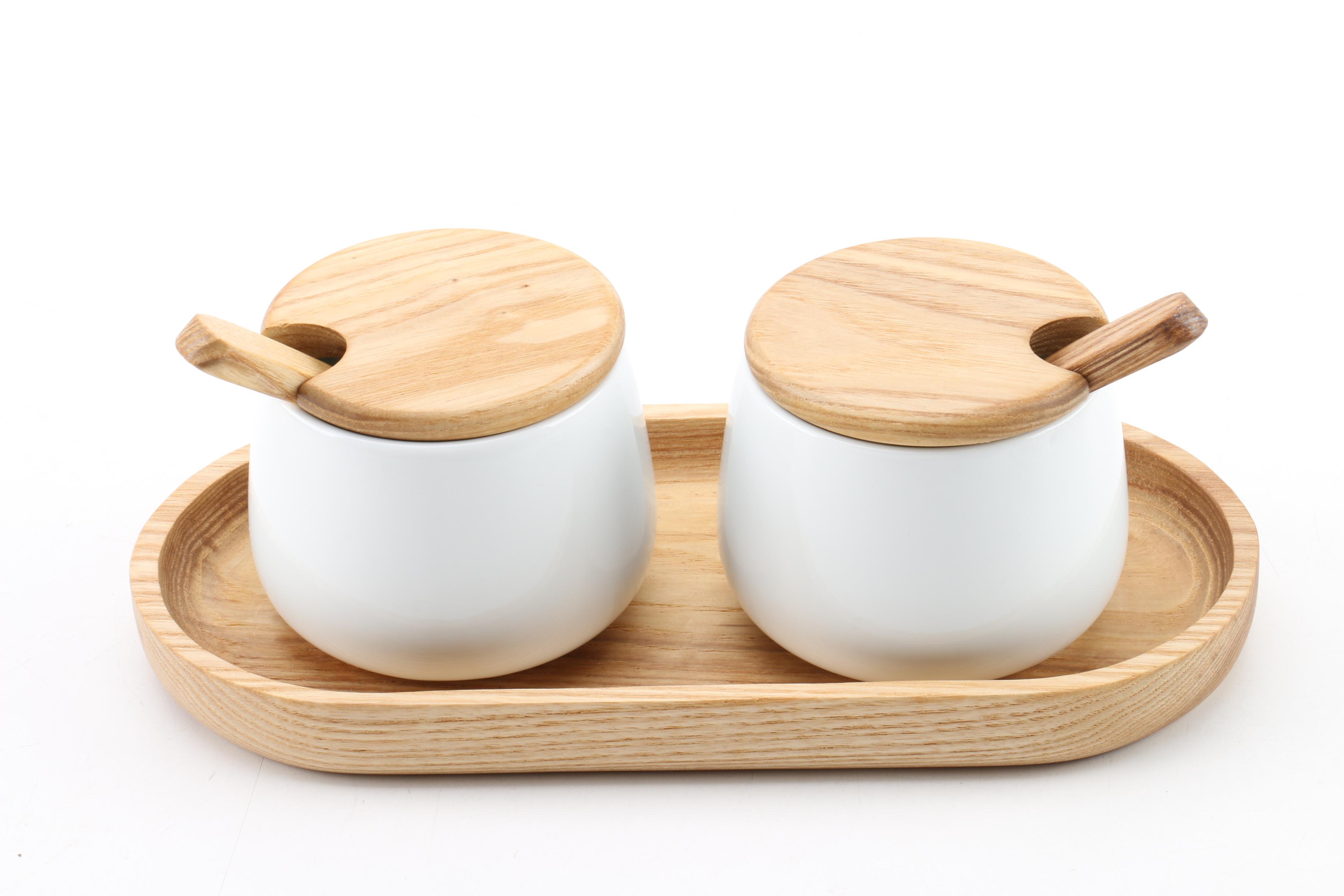 Crate & Barrel "Archive Blue" Place Setting and Wood Accented Sauce Serving Set