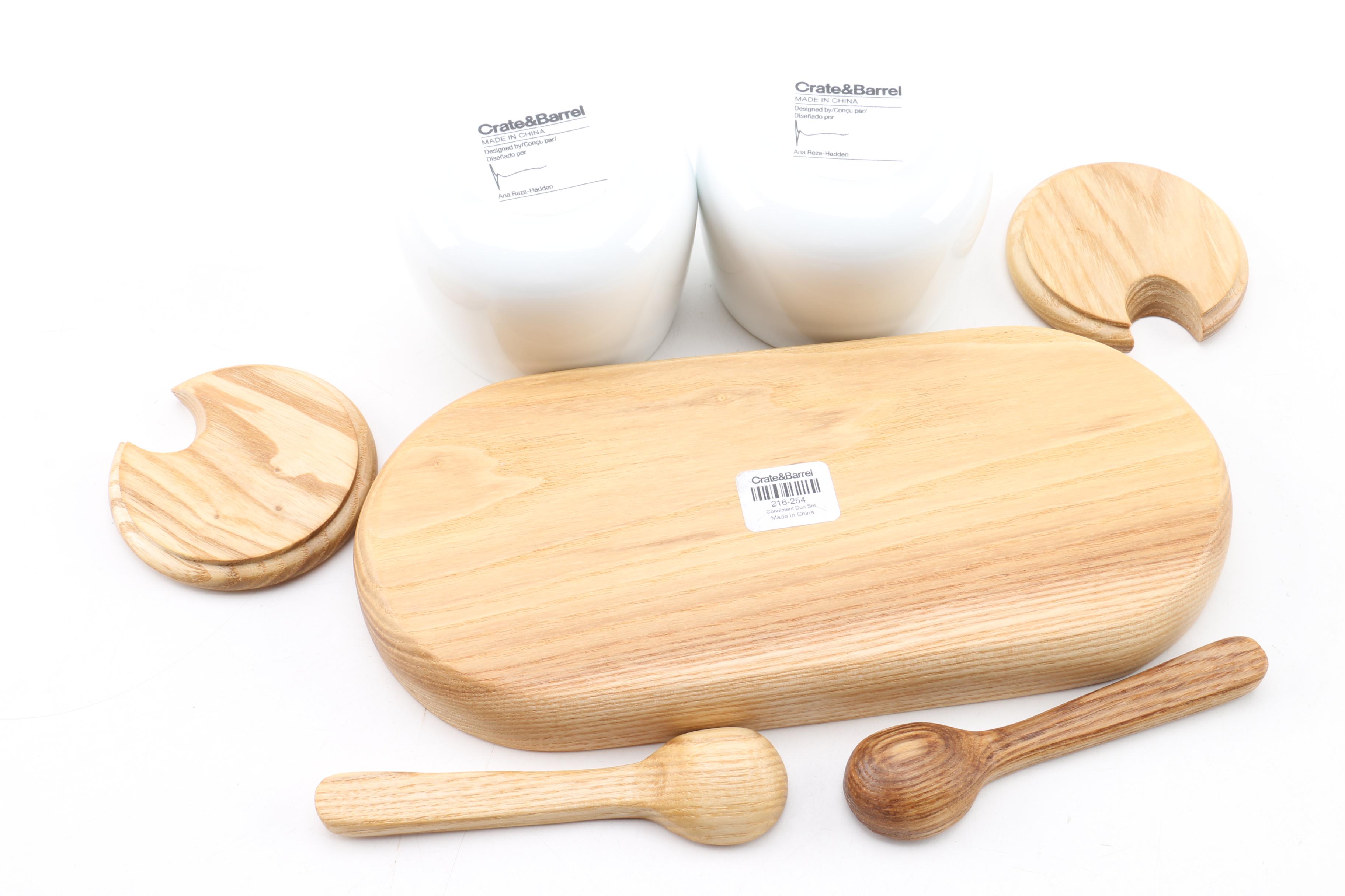 Crate & Barrel "Archive Blue" Place Setting and Wood Accented Sauce Serving Set