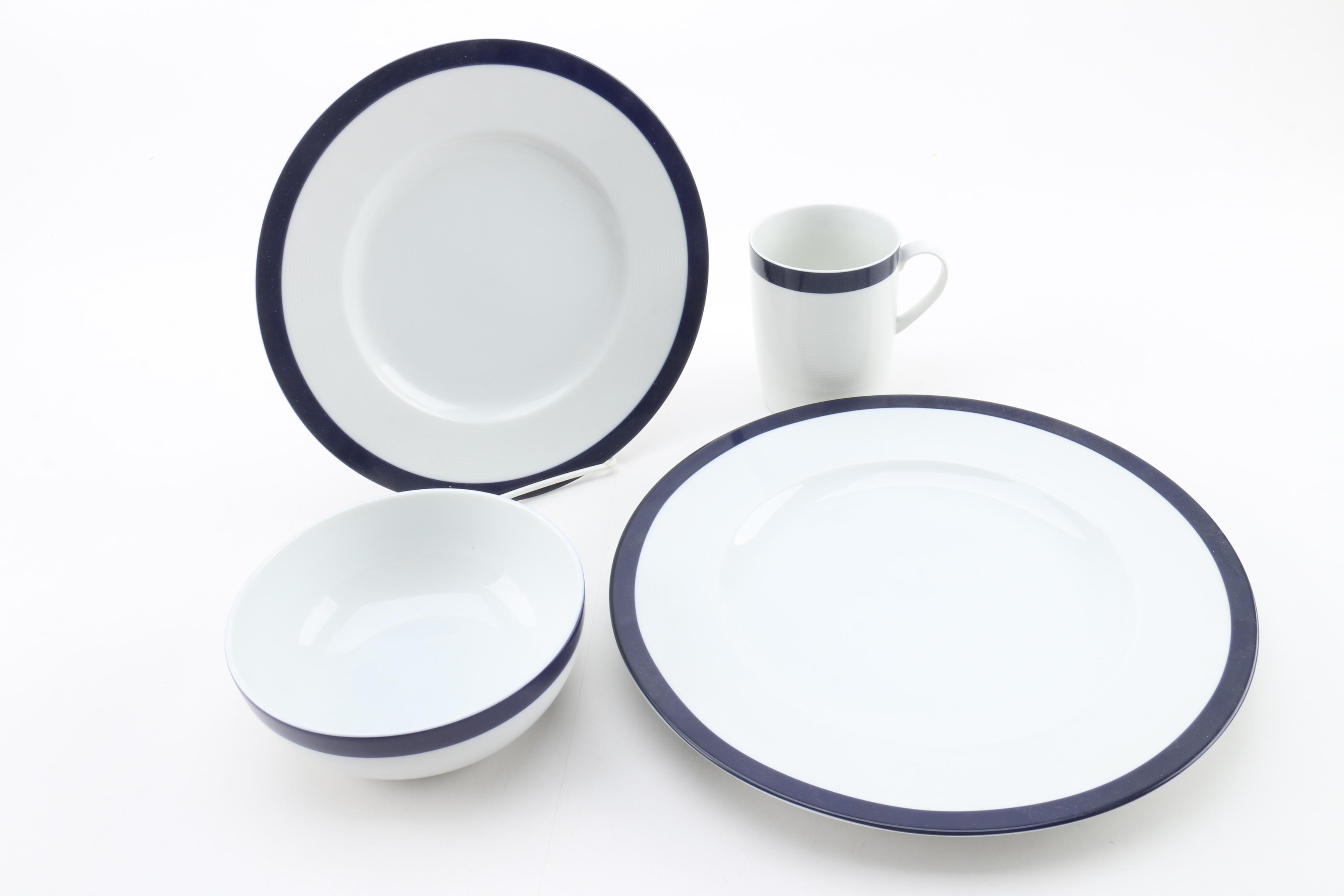 Crate & Barrel "Archive Blue" Place Setting and Wood Accented Sauce Serving Set