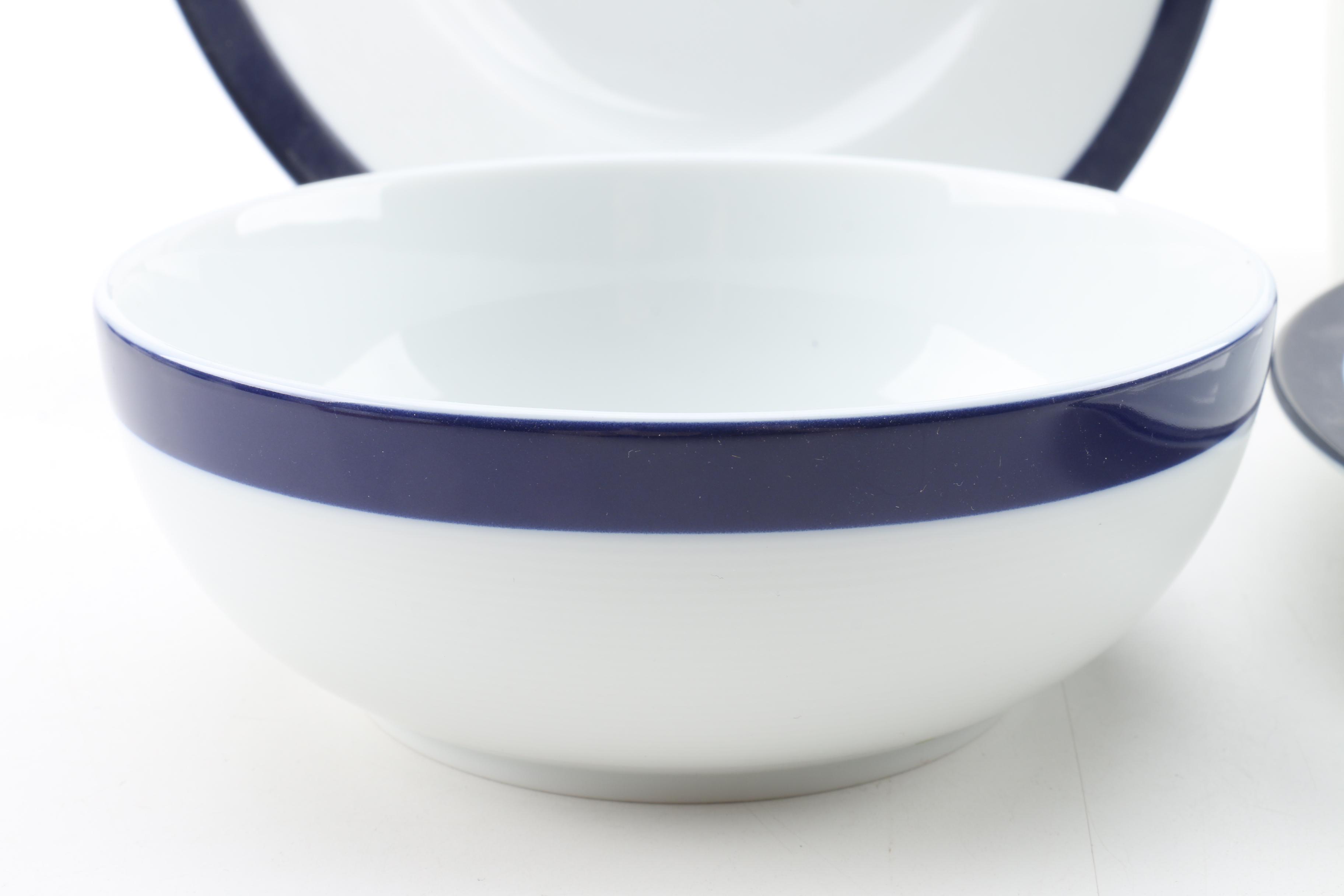 Crate & Barrel "Archive Blue" Place Setting and Wood Accented Sauce Serving Set