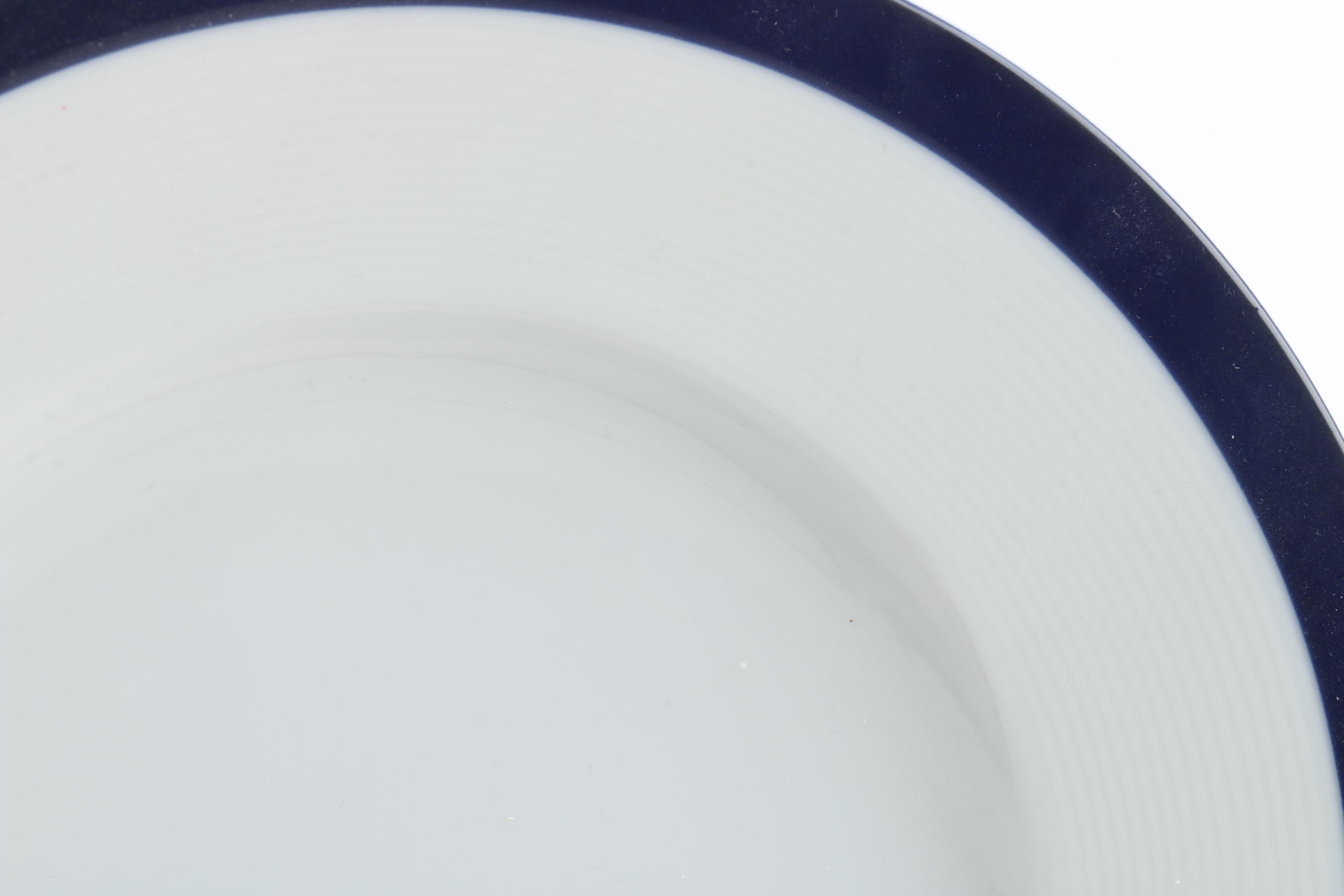 Crate & Barrel "Archive Blue" Place Setting and Wood Accented Sauce Serving Set