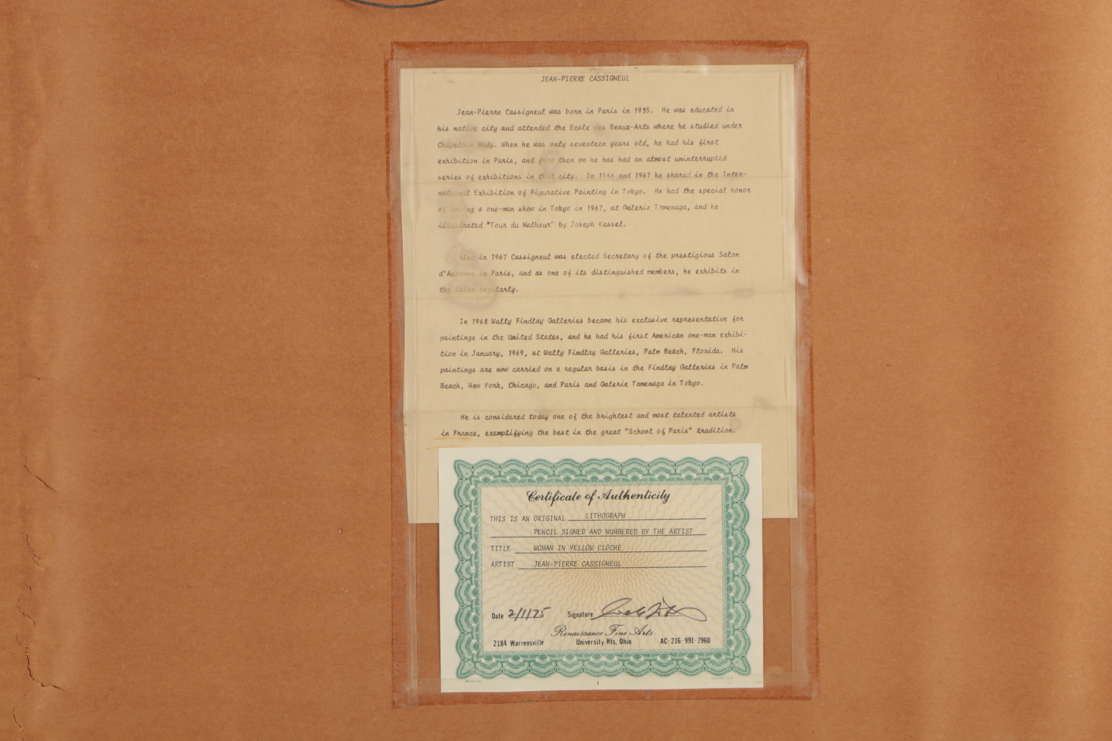 Jean-Pierre Cassigneul Lithograph "Woman in Yellow Cloche"