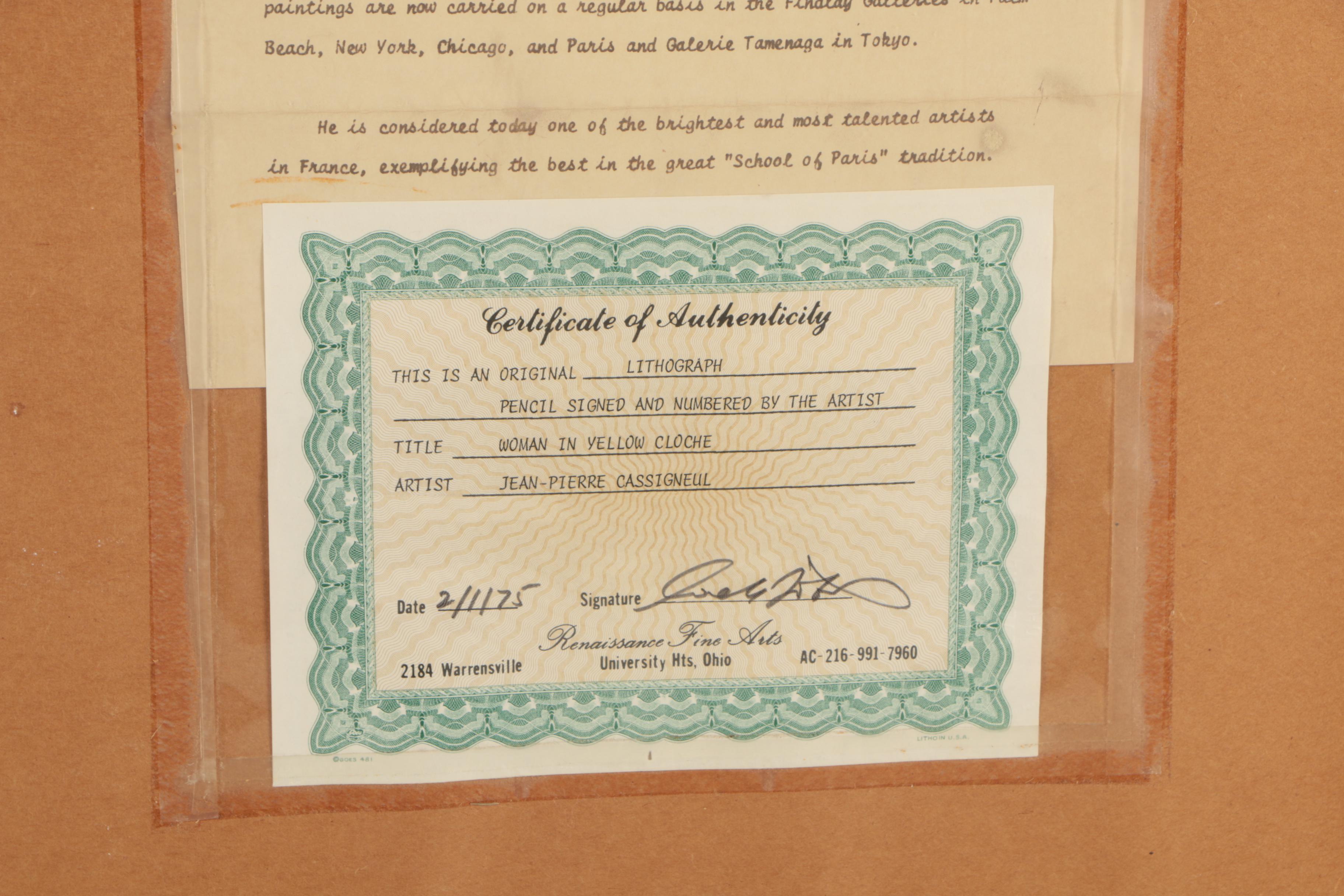 Jean-Pierre Cassigneul Lithograph "Woman in Yellow Cloche"