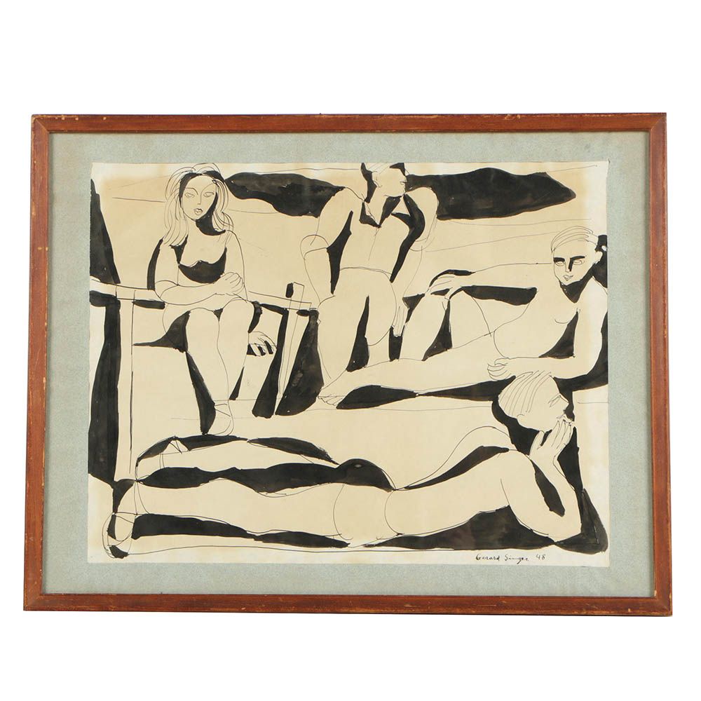 Gerard Singer Ink Painting of a Group