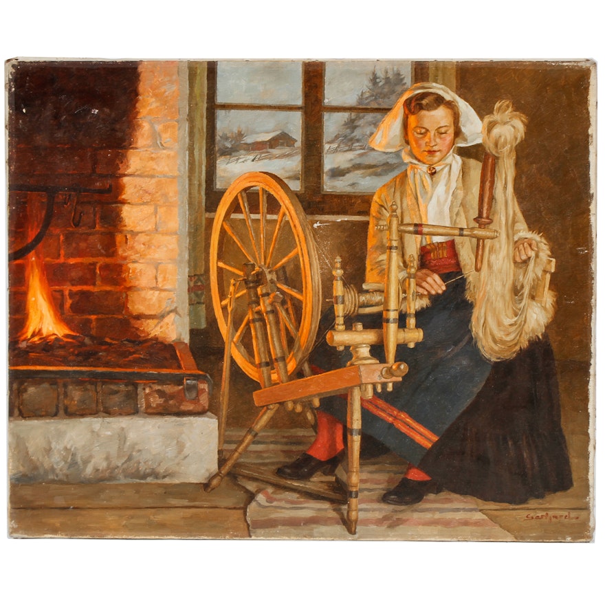 Gerhard Oil Painting of a Woman Spinning Yarn