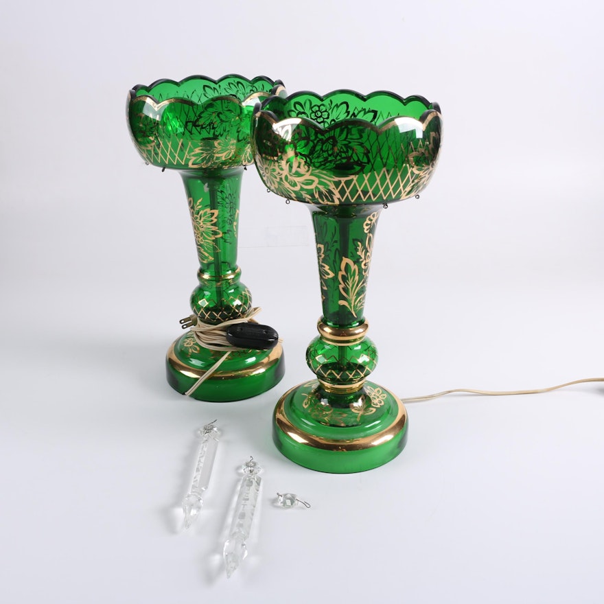 Converted Emerald Green Bohemian Glass Mantel Lustre  Lamps