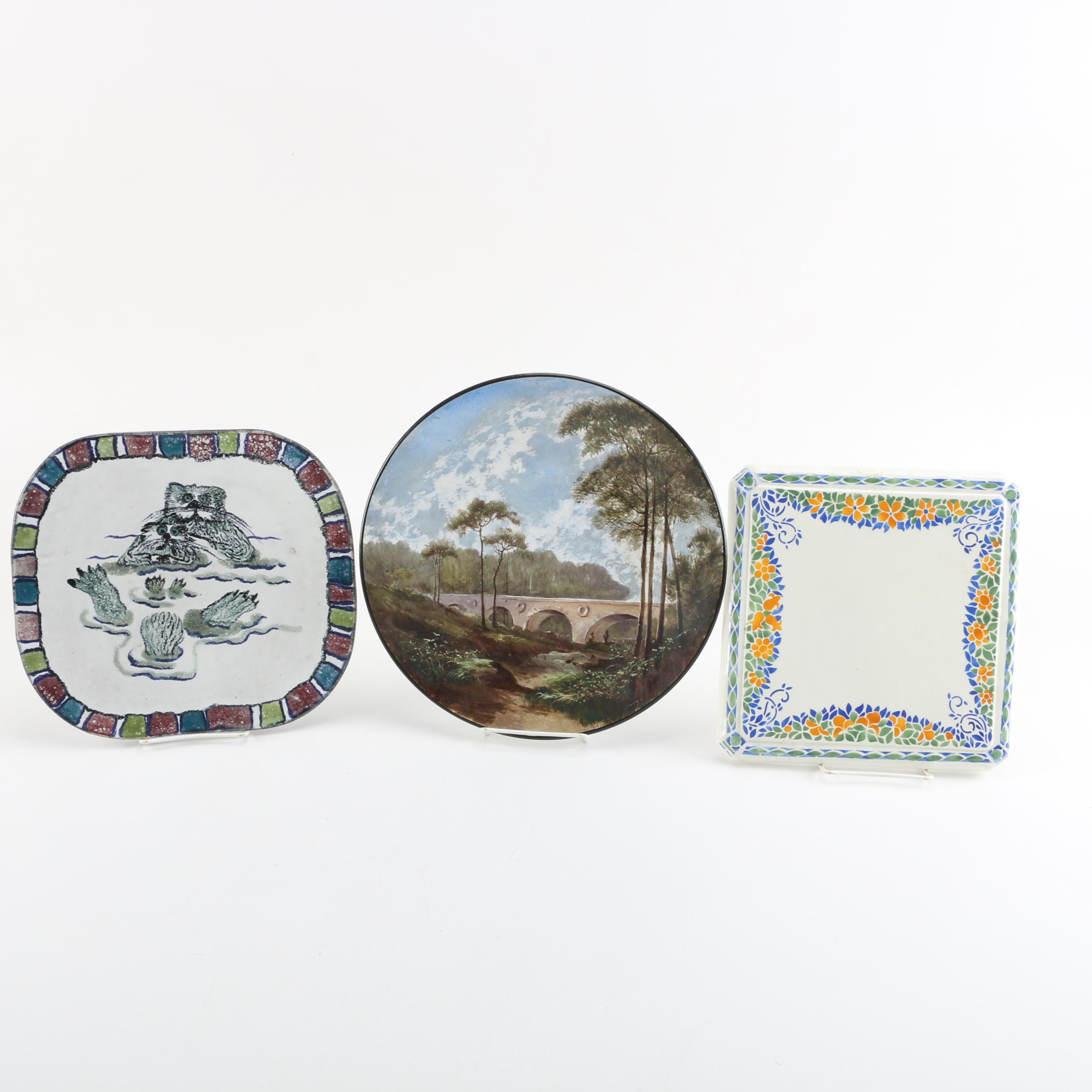 Antique Choisy-le-Roi Hand-Painted Earthenware Plate with French Trivet