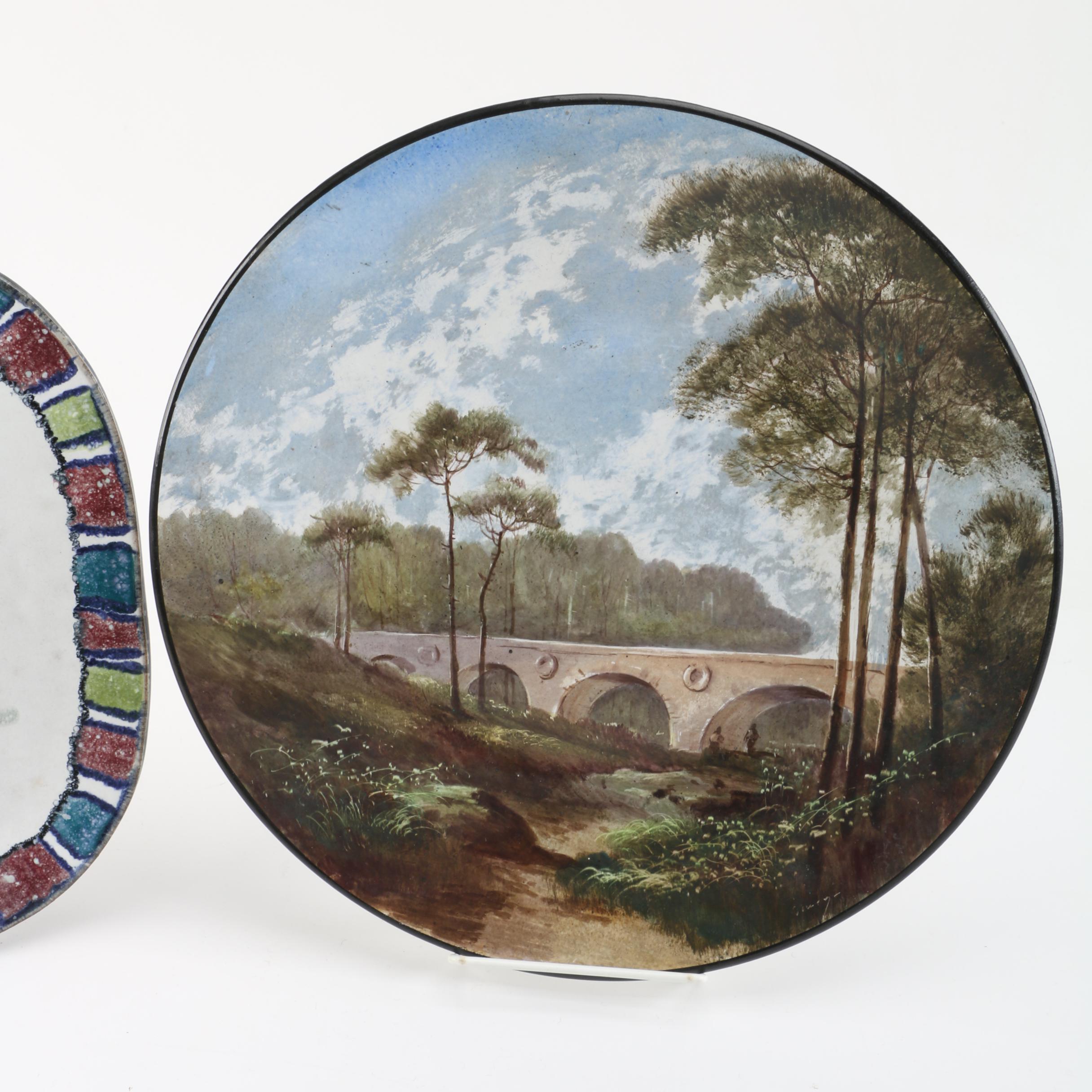 Antique Choisy-le-Roi Hand-Painted Earthenware Plate with French Trivet