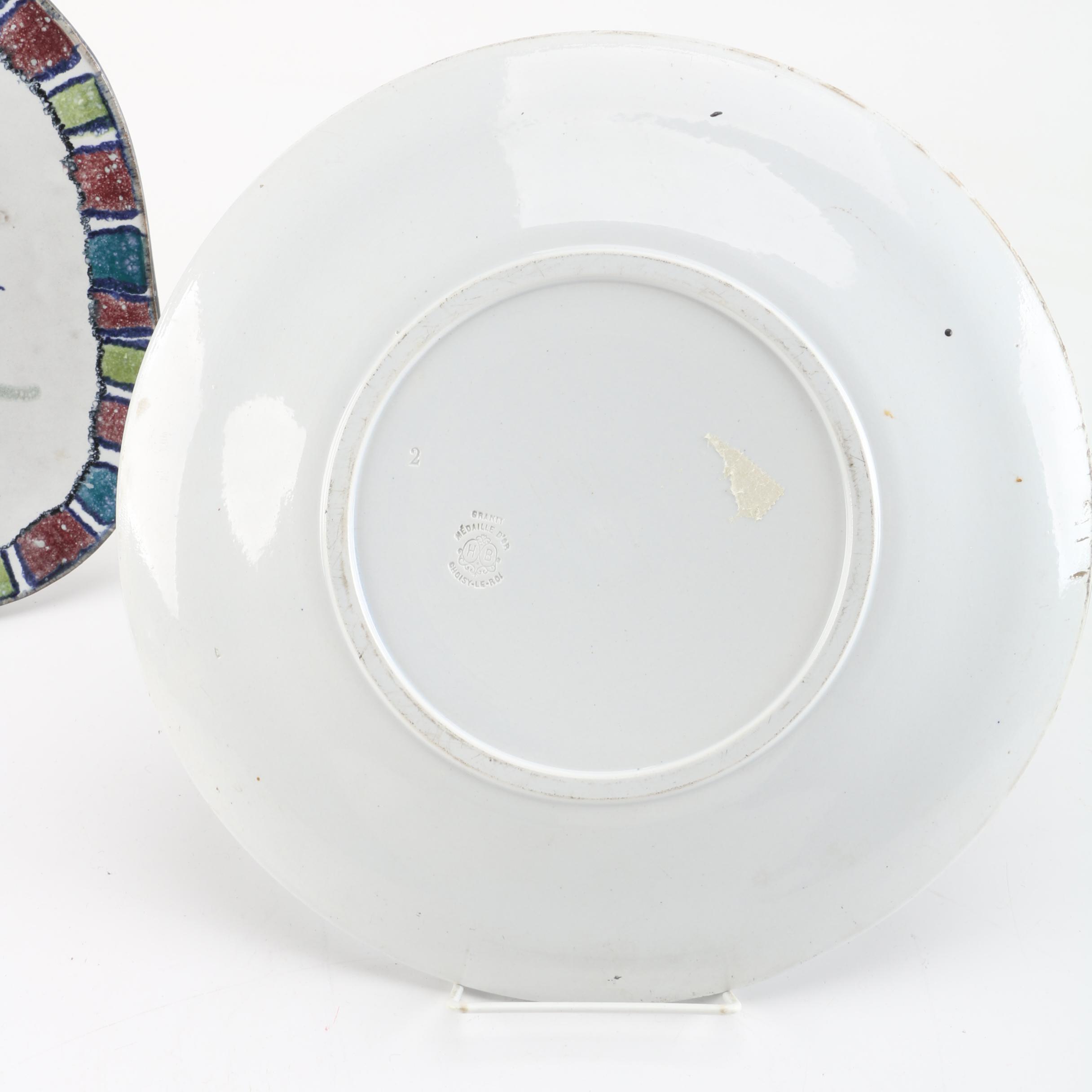 Antique Choisy-le-Roi Hand-Painted Earthenware Plate with French Trivet